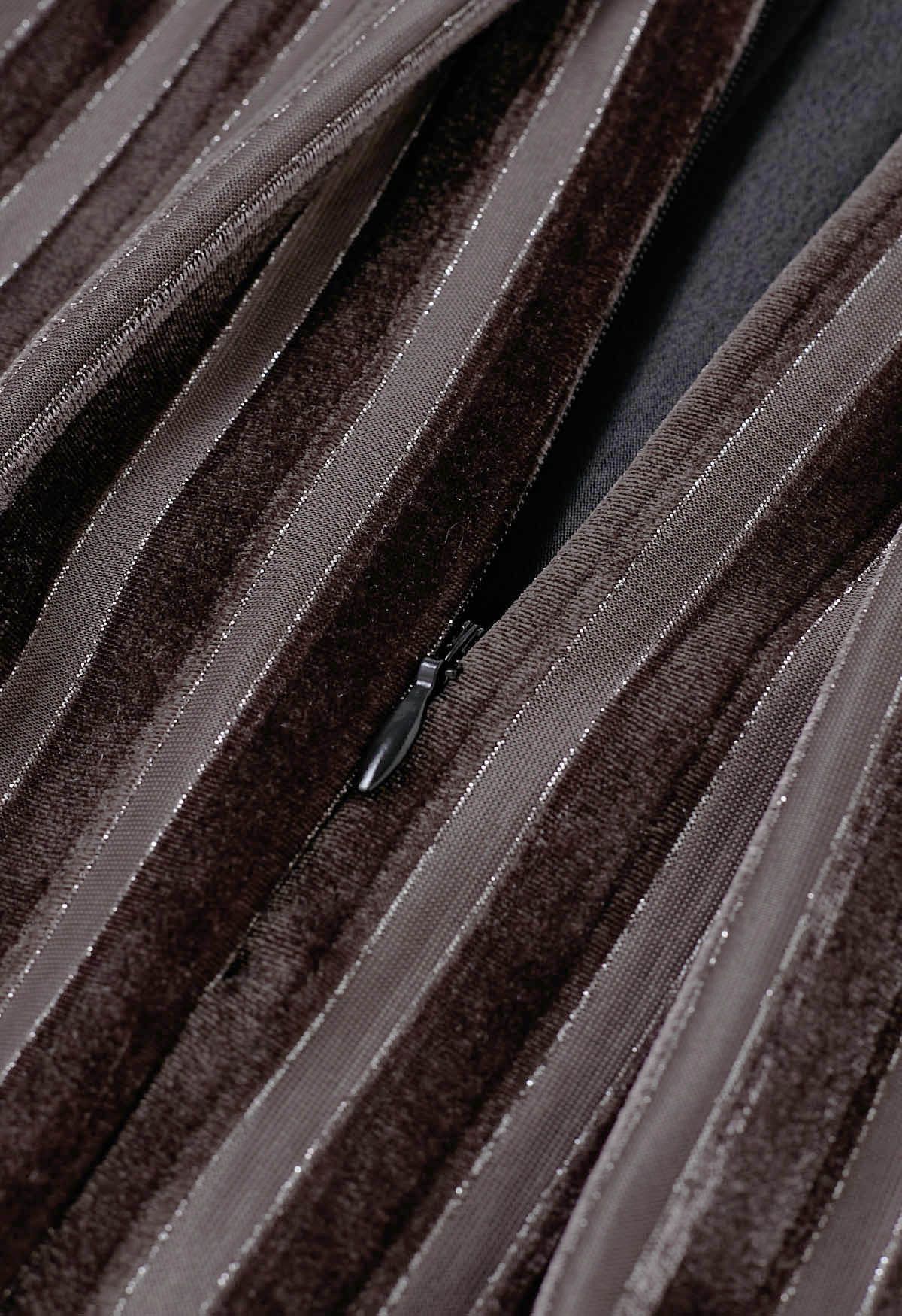 Shimmer Striped Pleated Velvet Midi Skirt in Brown
