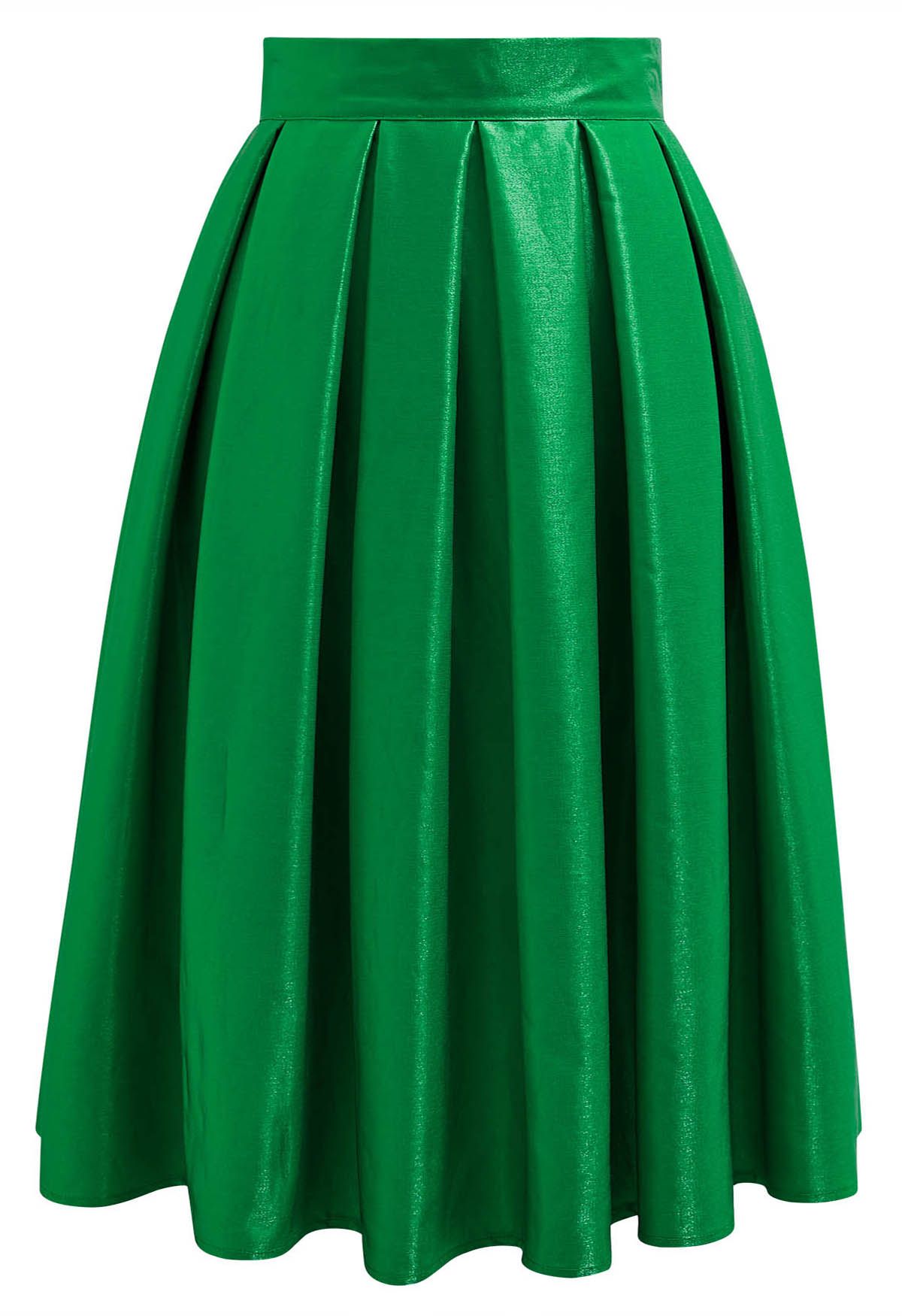Lustrous Pleated Midi Skirt in Green