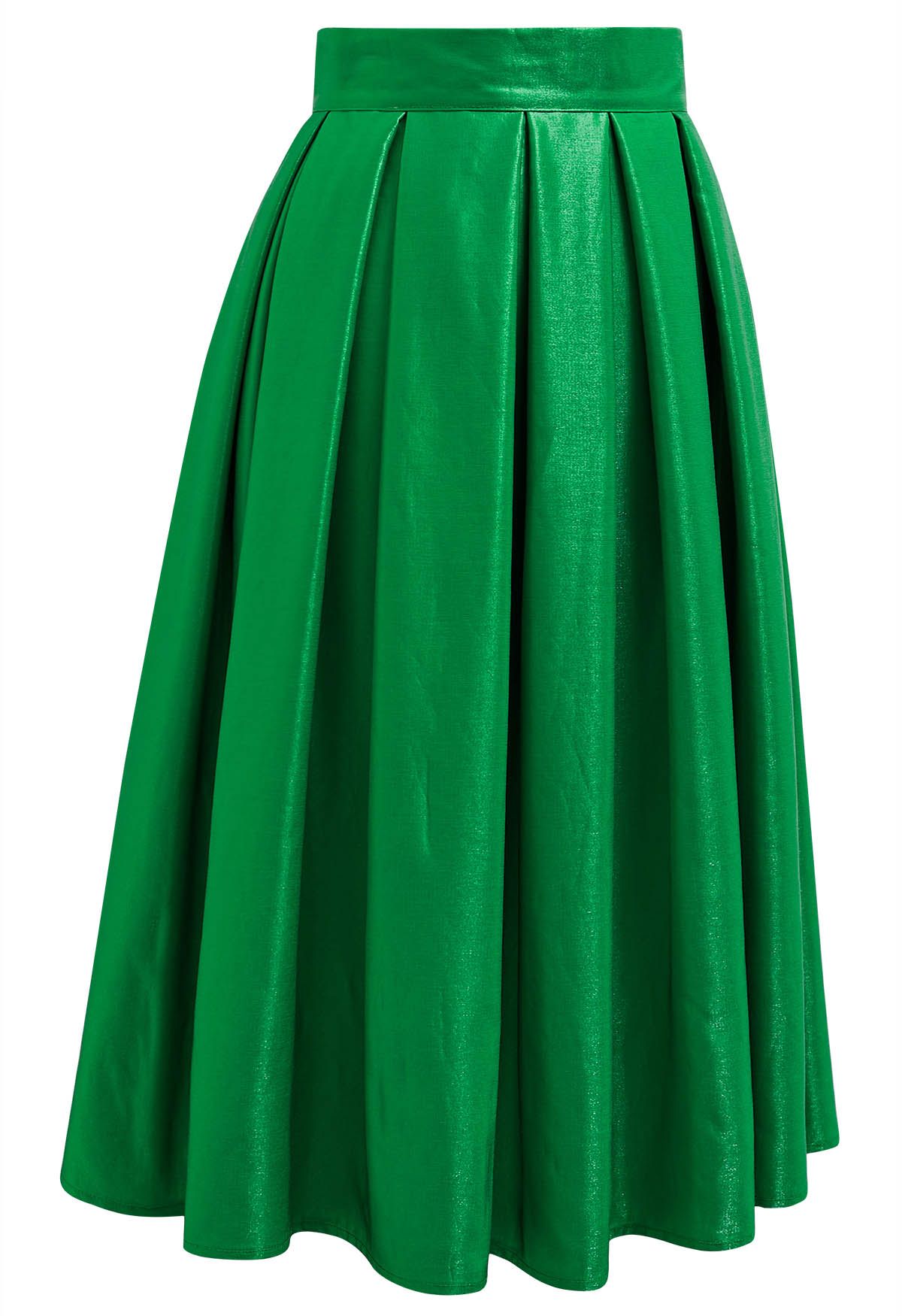 Lustrous Pleated Midi Skirt in Green
