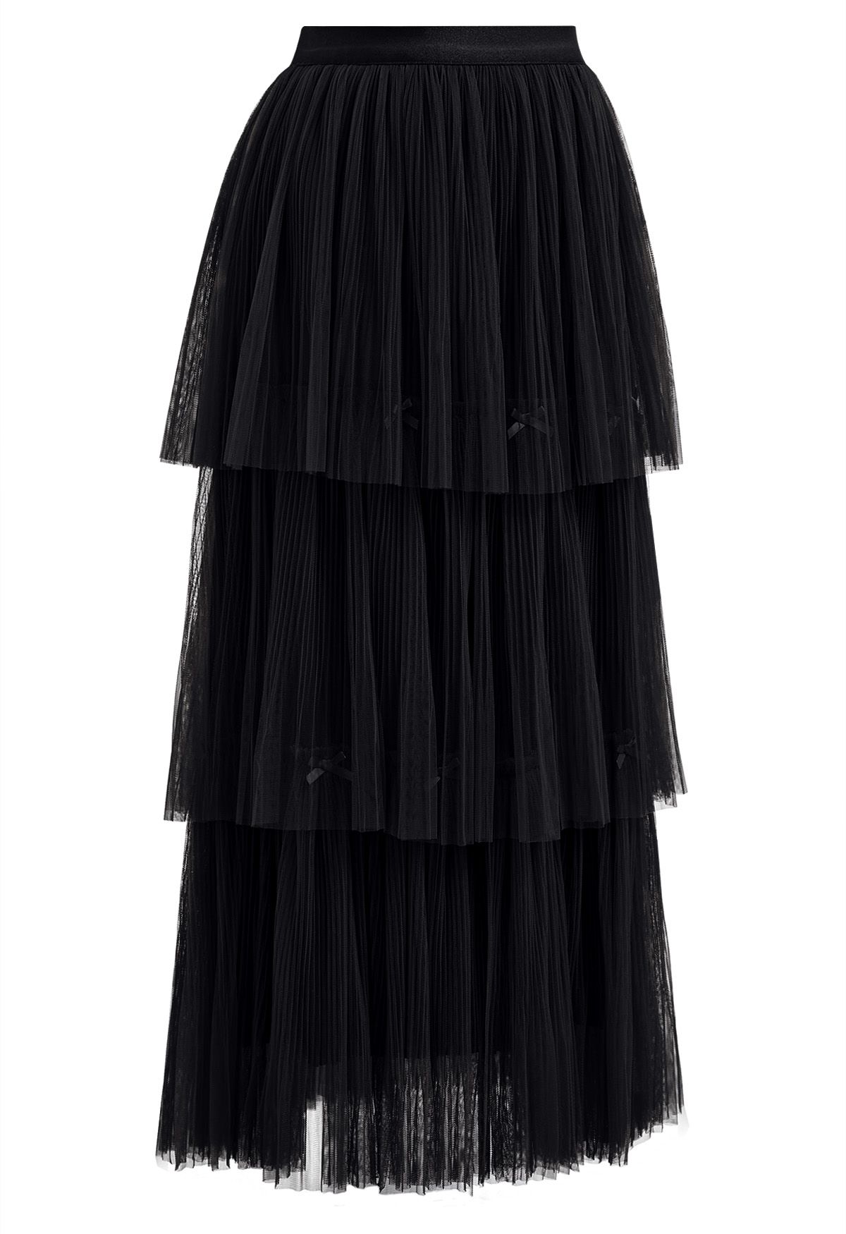 Bowknot Embellished Plisse Tiered Mesh Tulle Skirt in Black