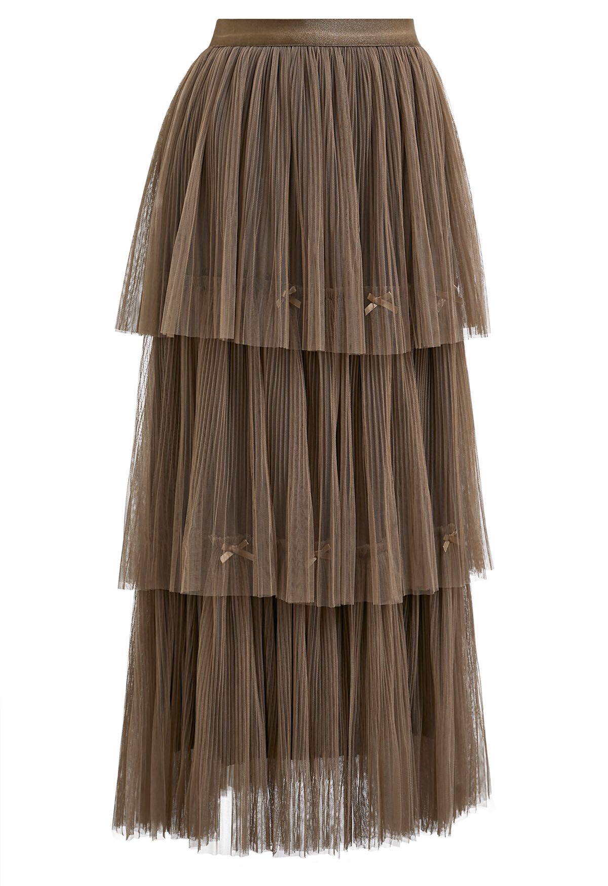 Bowknot Embellished Plisse Tiered Mesh Tulle Skirt in Brown