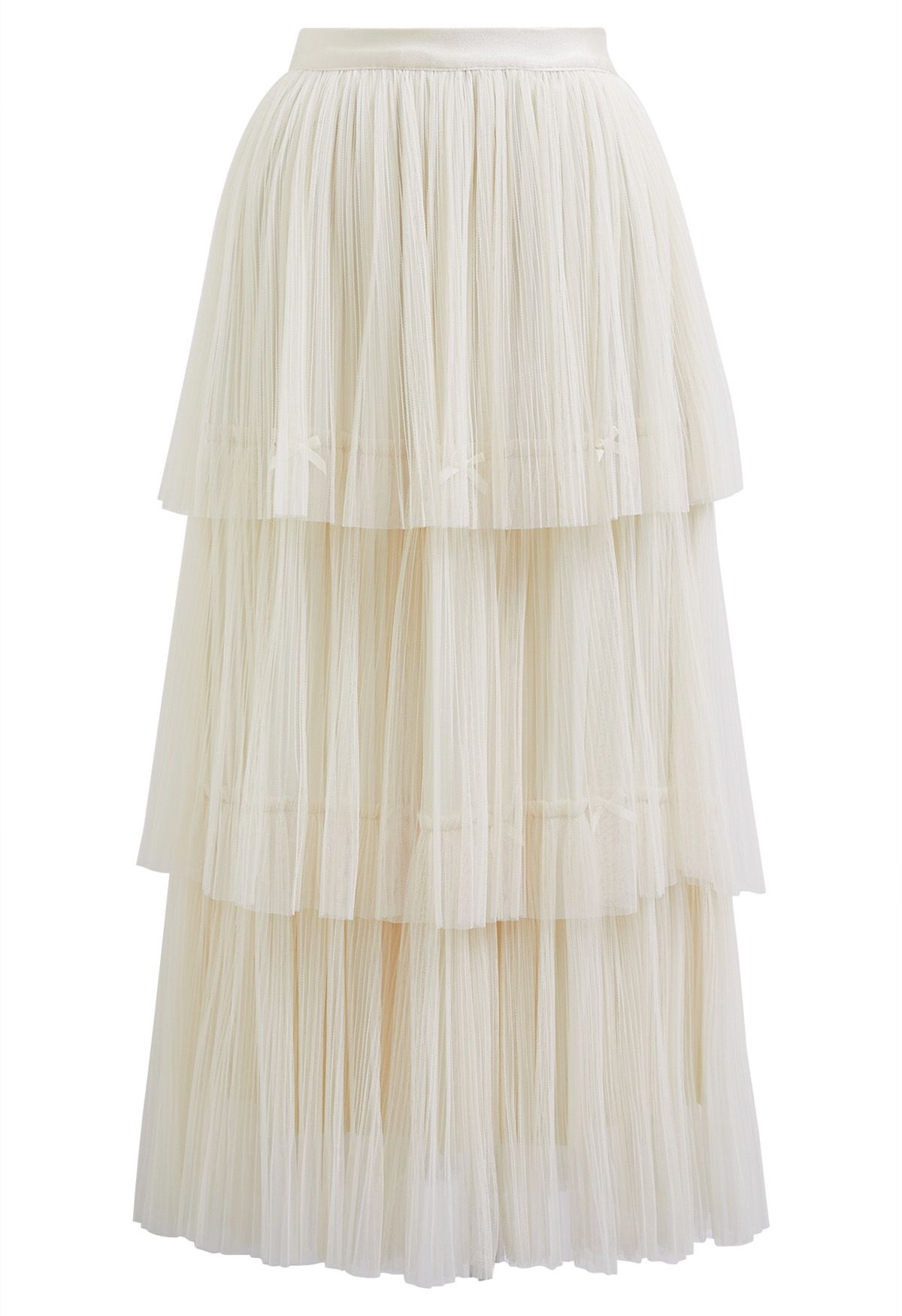 Bowknot Embellished Plisse Tiered Mesh Tulle Skirt in Cream