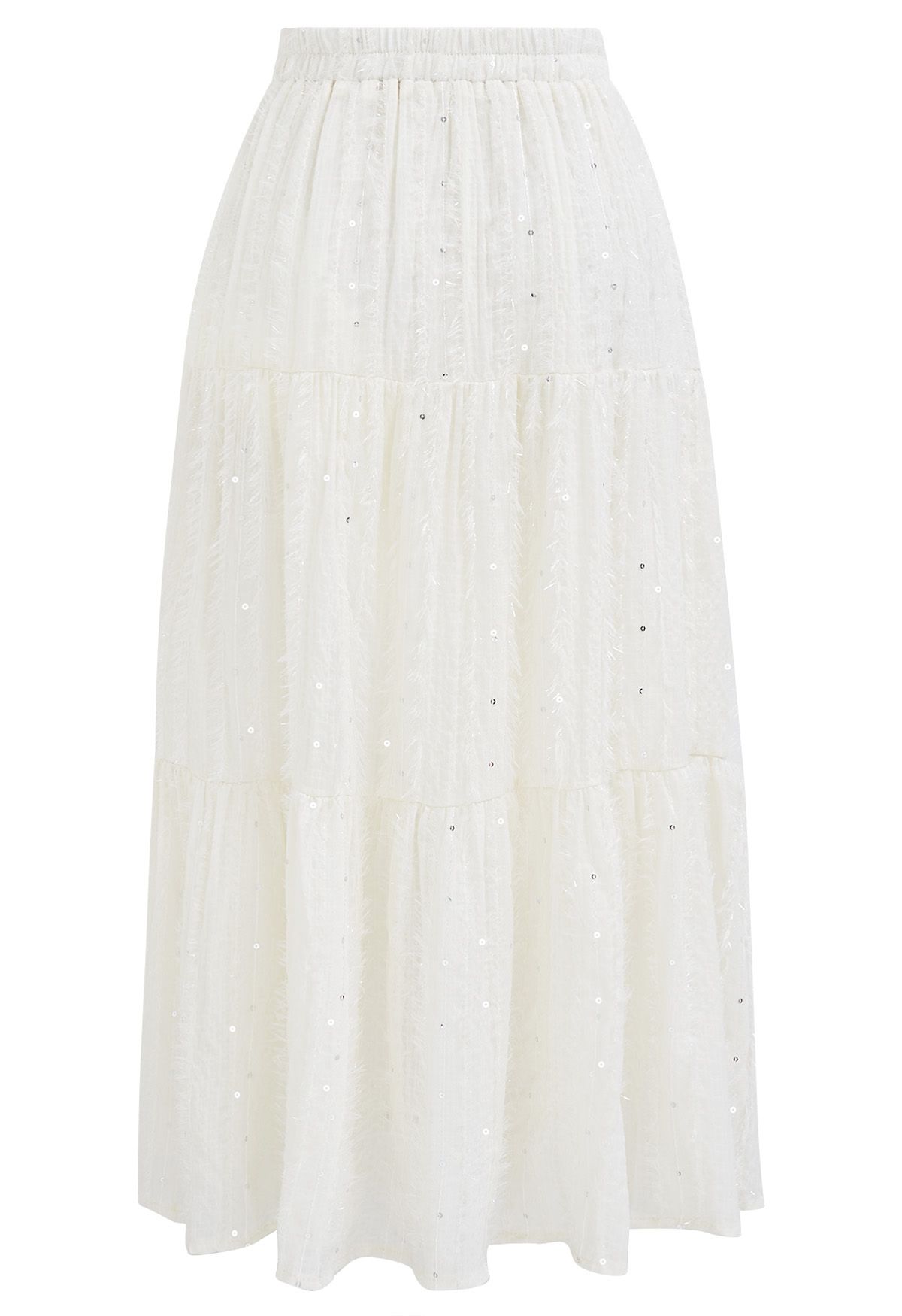 Shimmer Fringe Sequin Midi Skirt in Ivory