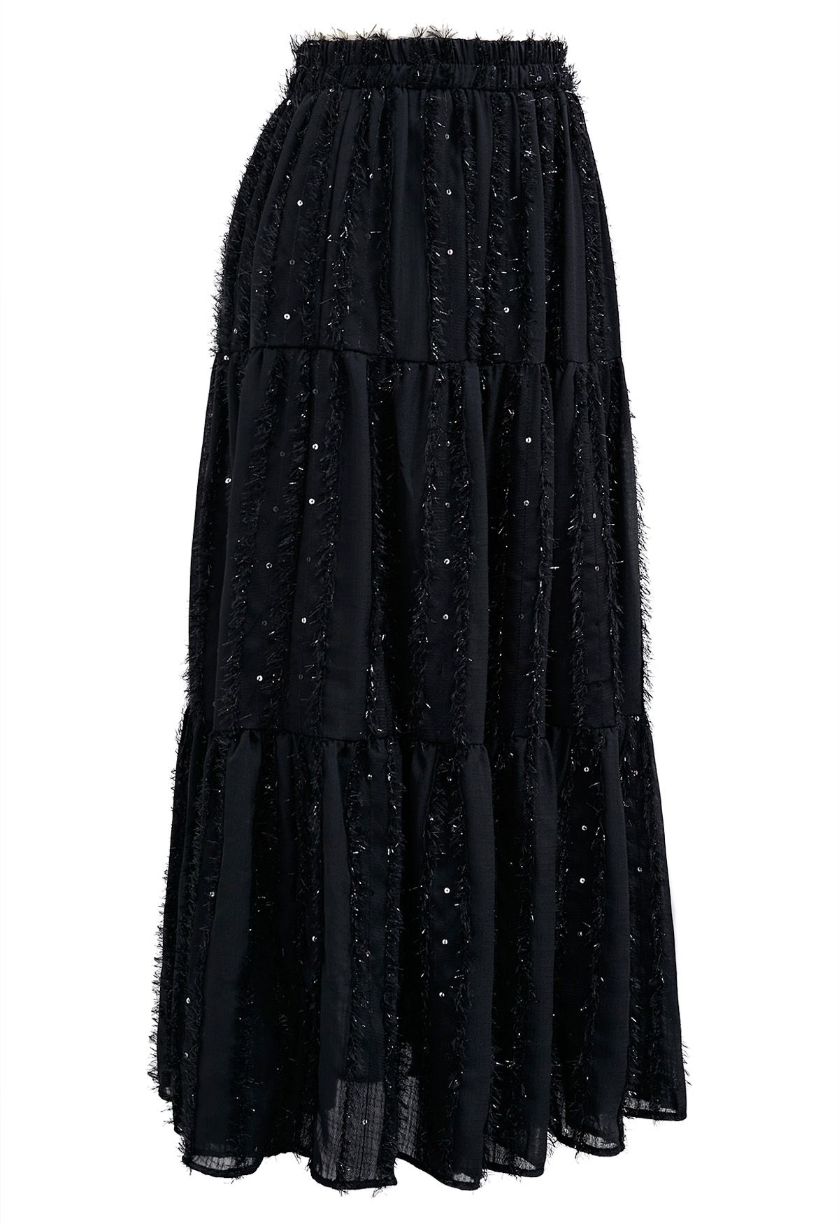 Shimmer Fringe Sequin Midi Skirt in Black