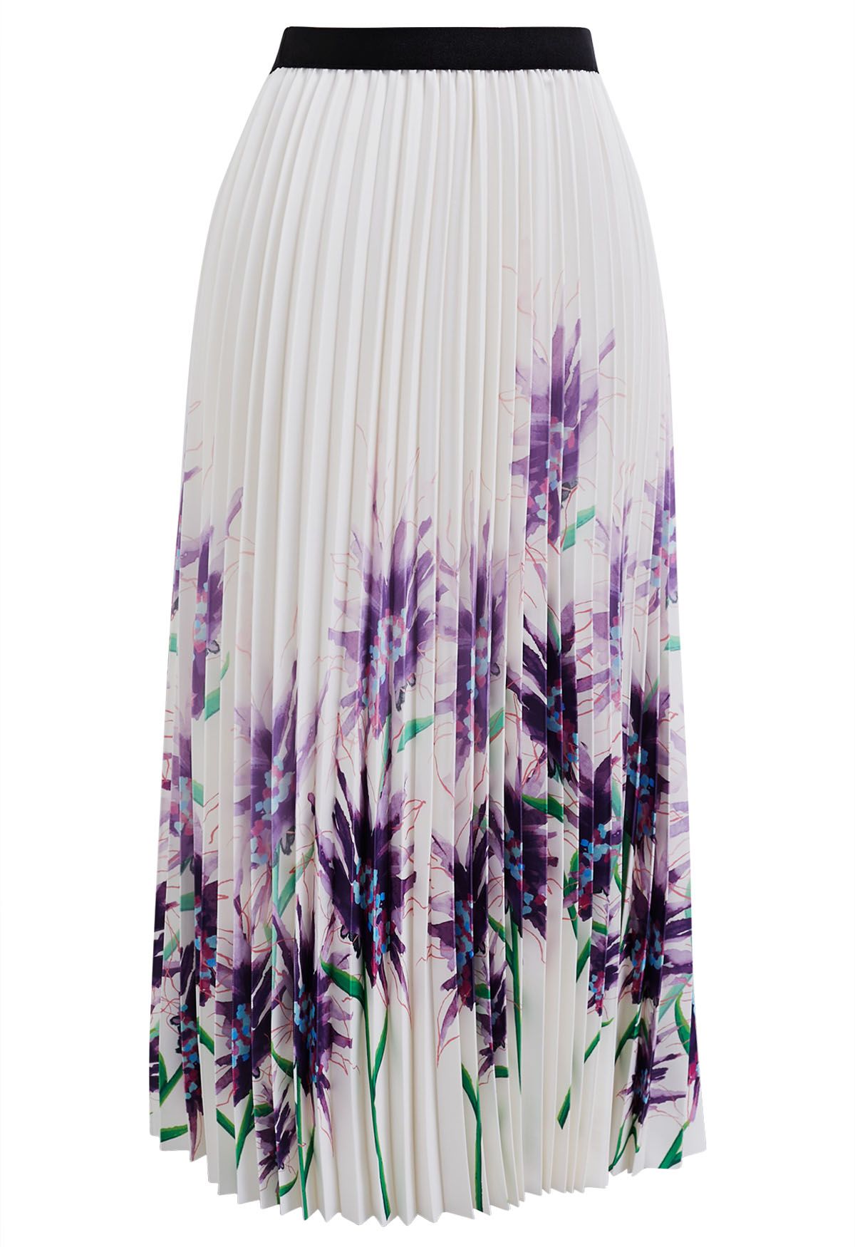 Watercolor Floral Pleated Midi Skirt in Purple