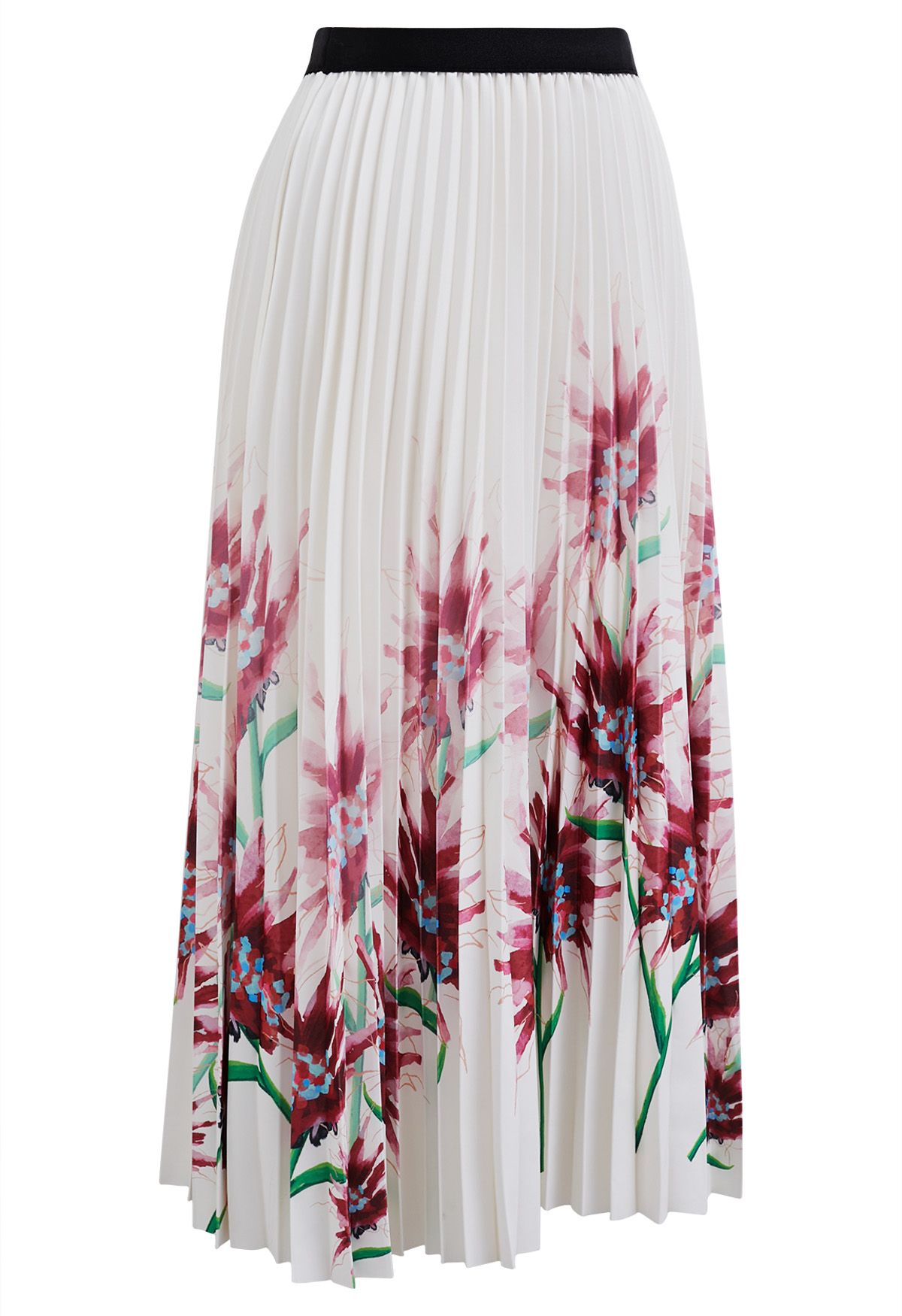 Watercolor Floral Pleated Midi Skirt in Burgundy