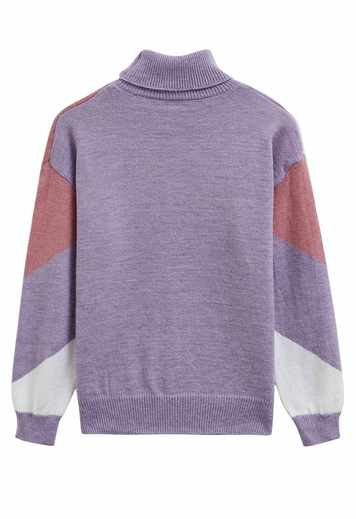 Striped Color Block Turtleneck Knit Sweater in Purple