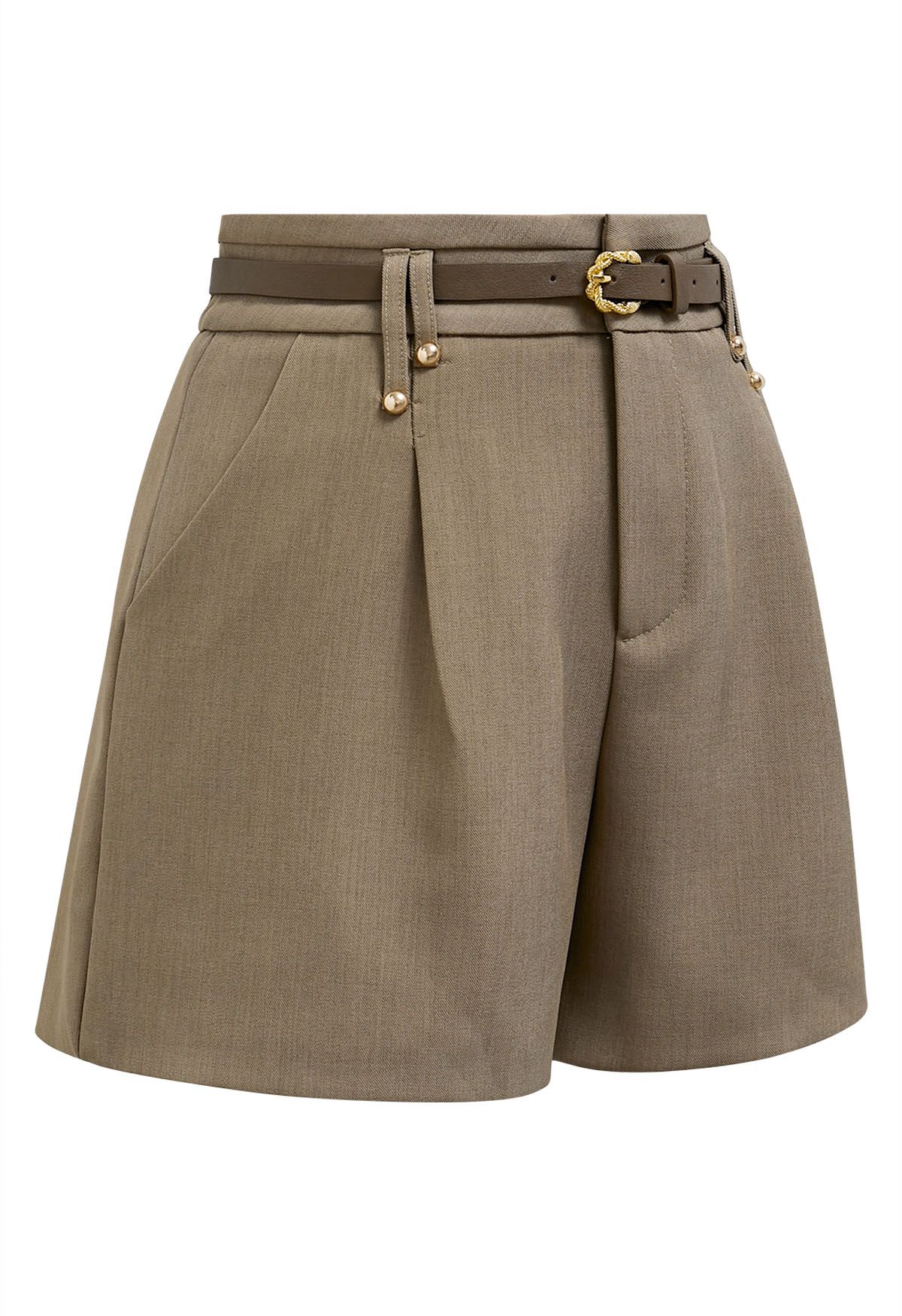 Solid Color Belted Shorts in Brown