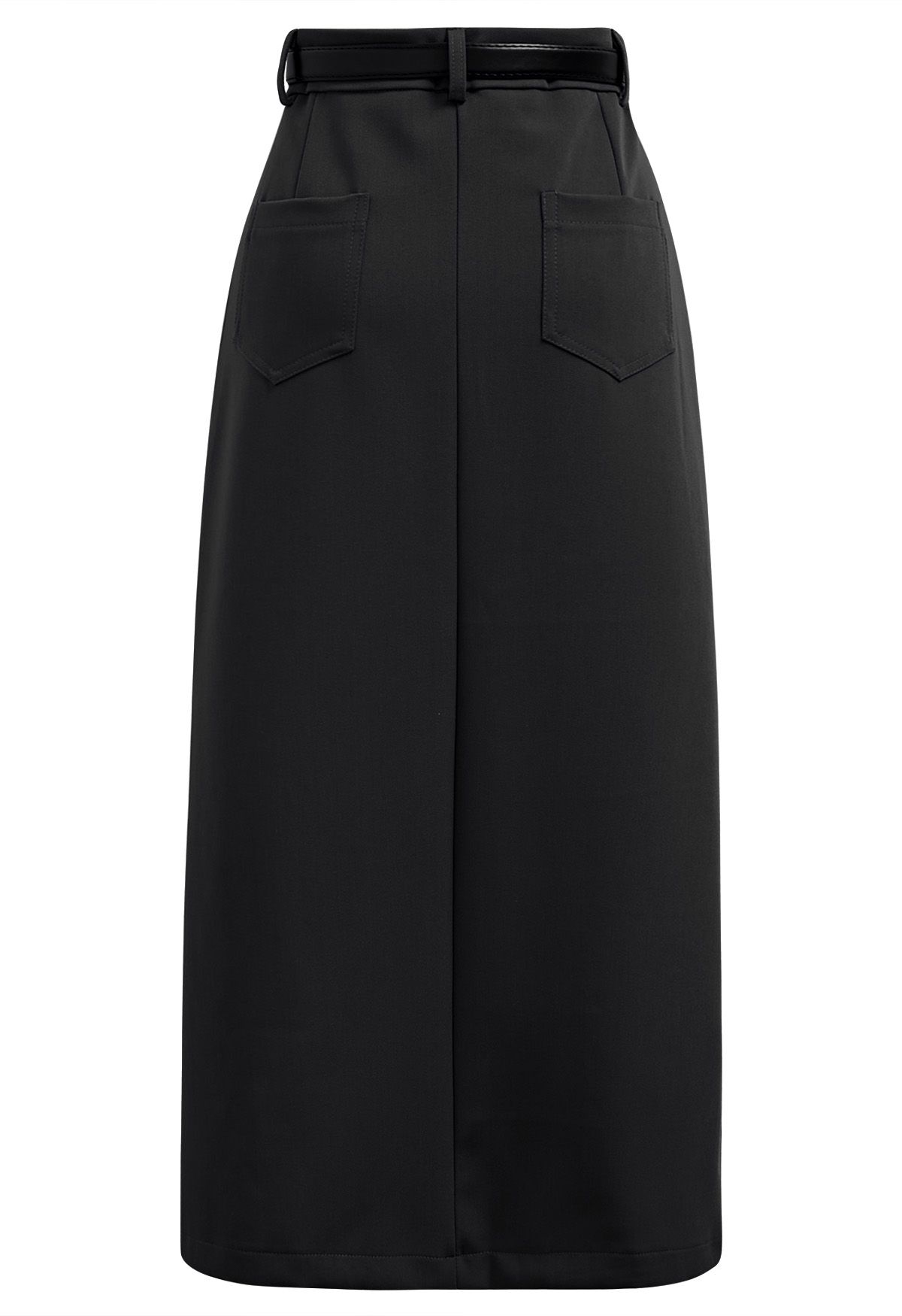 Flap Pockets Front Slit Midi Skirt in Black
