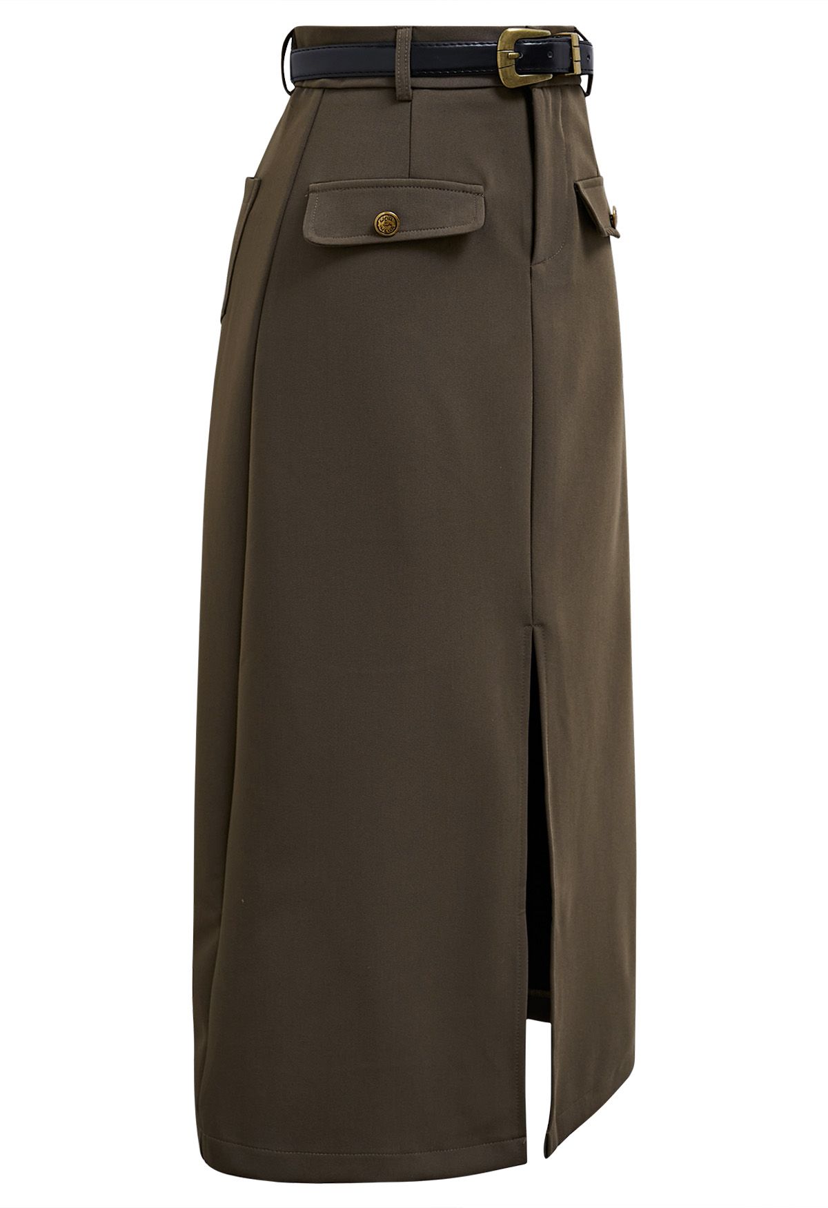 Flap Pockets Front Slit Midi Skirt in Olive