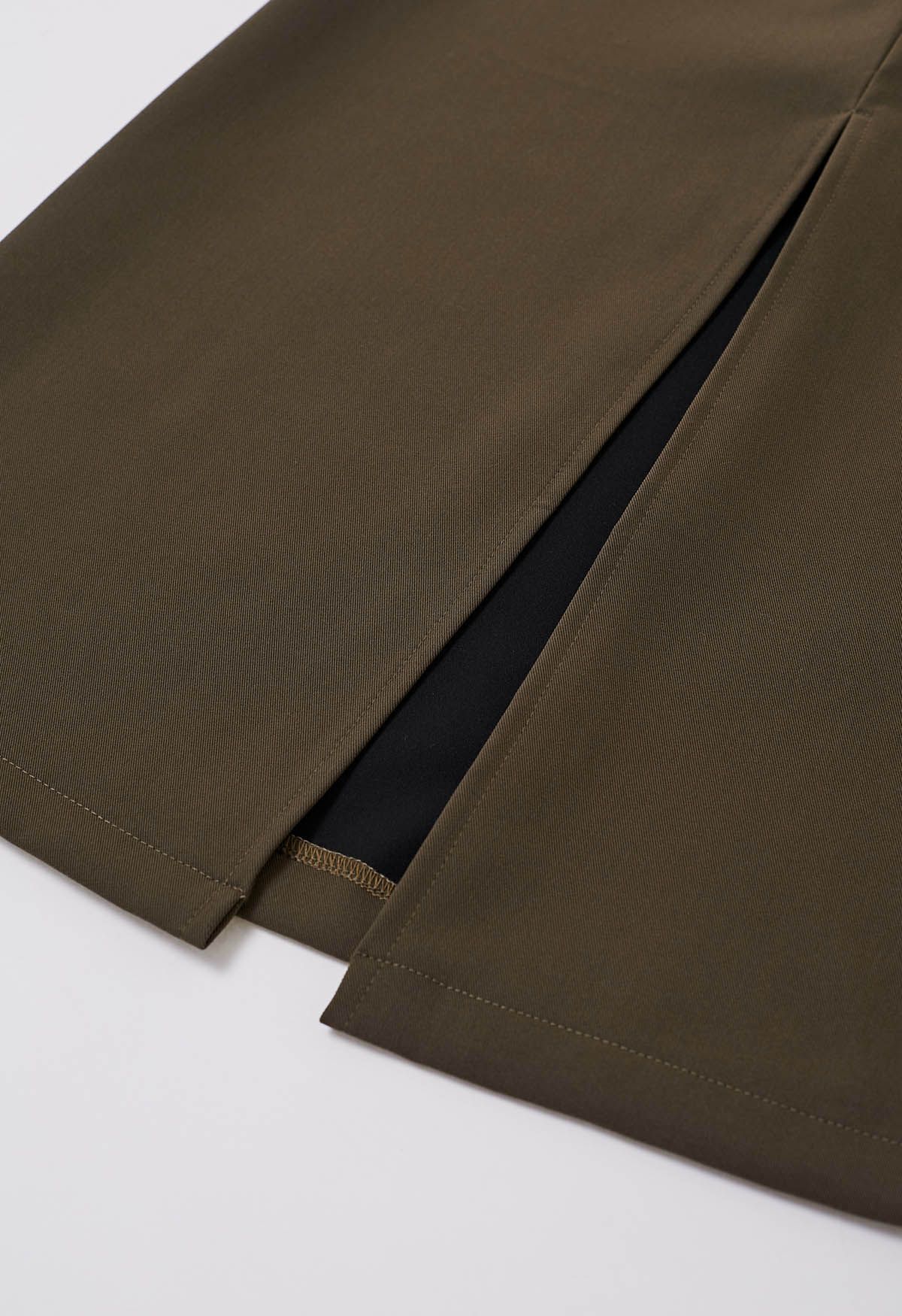 Flap Pockets Front Slit Midi Skirt in Olive