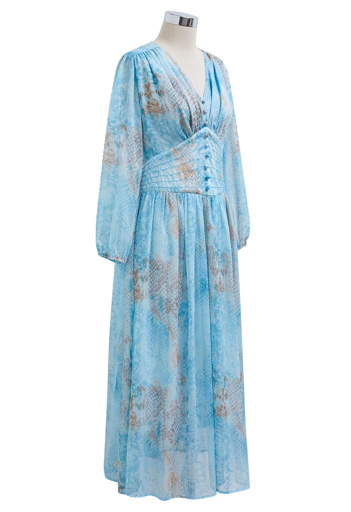 Serene Blue Buttoned Chiffon Midi Dress
