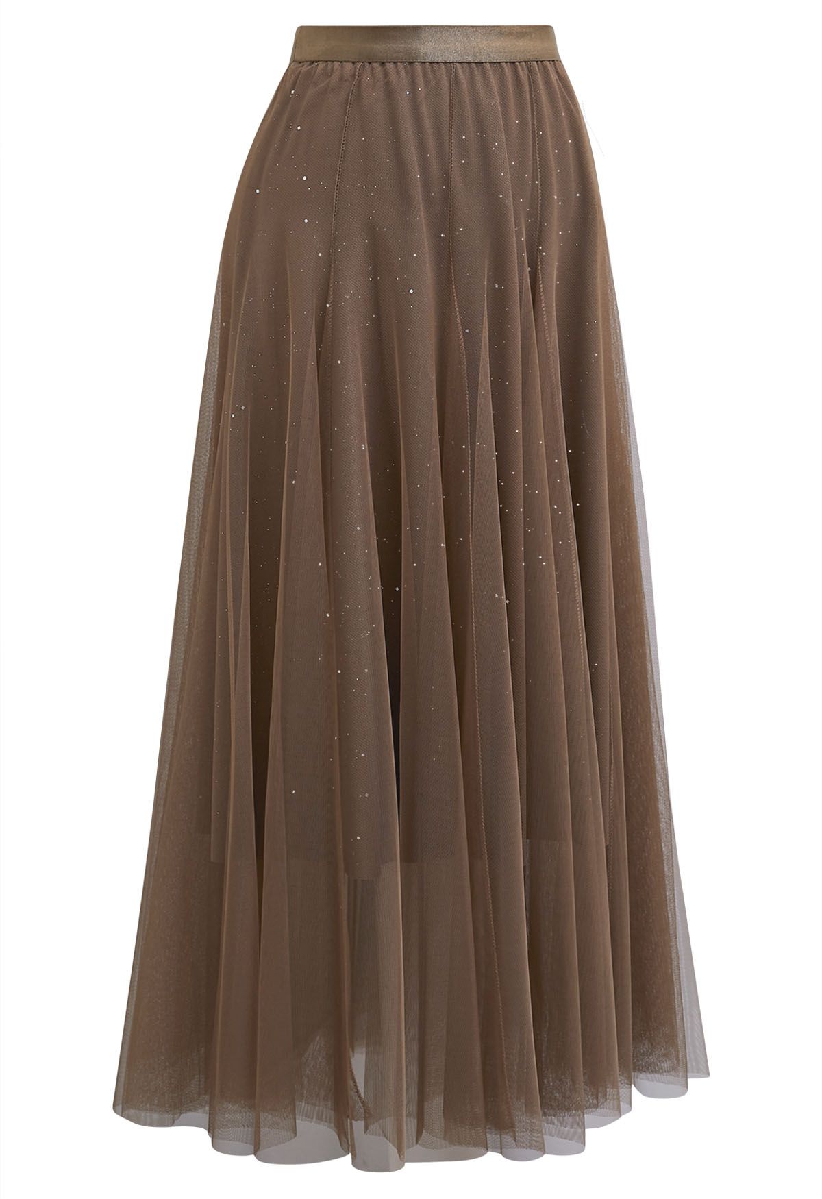 Venus Glitter Mesh Tulle Midi Skirt in Caramel