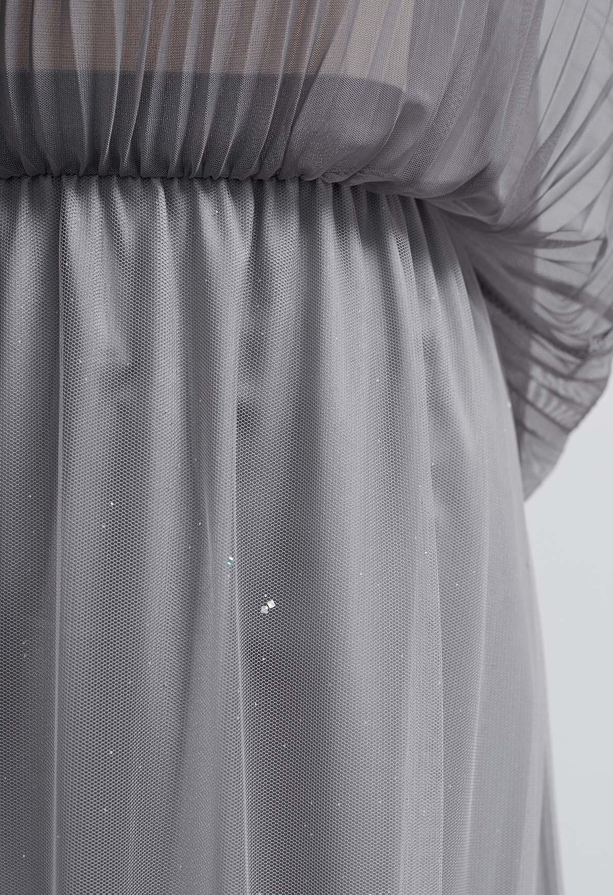 Glitter Trim Pleated Mesh Tulle Skirt in Grey