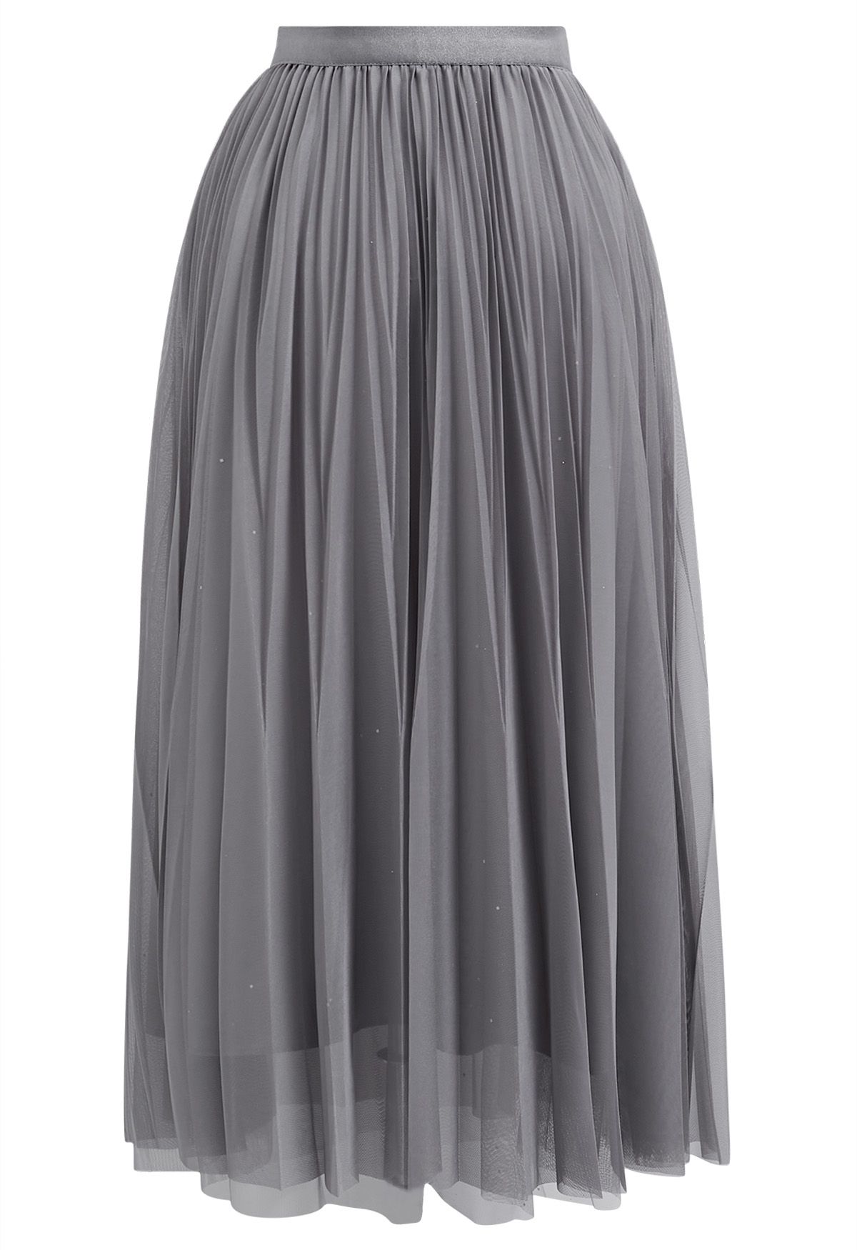 Glitter Trim Pleated Mesh Tulle Skirt in Grey
