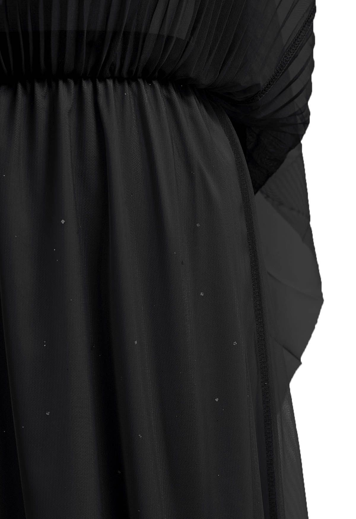 Glitter Trim Pleated Mesh Tulle Skirt in Black