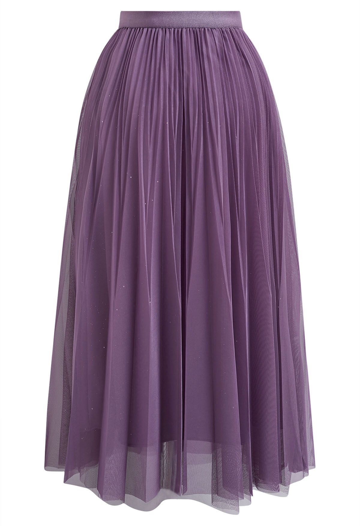 Glitter Trim Pleated Mesh Tulle Skirt in Purple