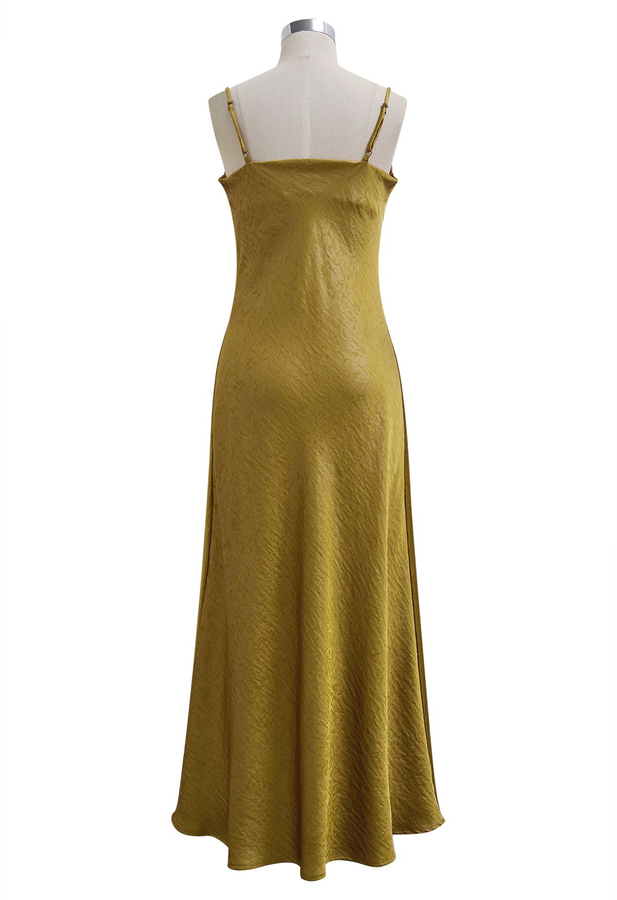 Texture Jacquard Drape Neck Satin Cami Dress in Mustard