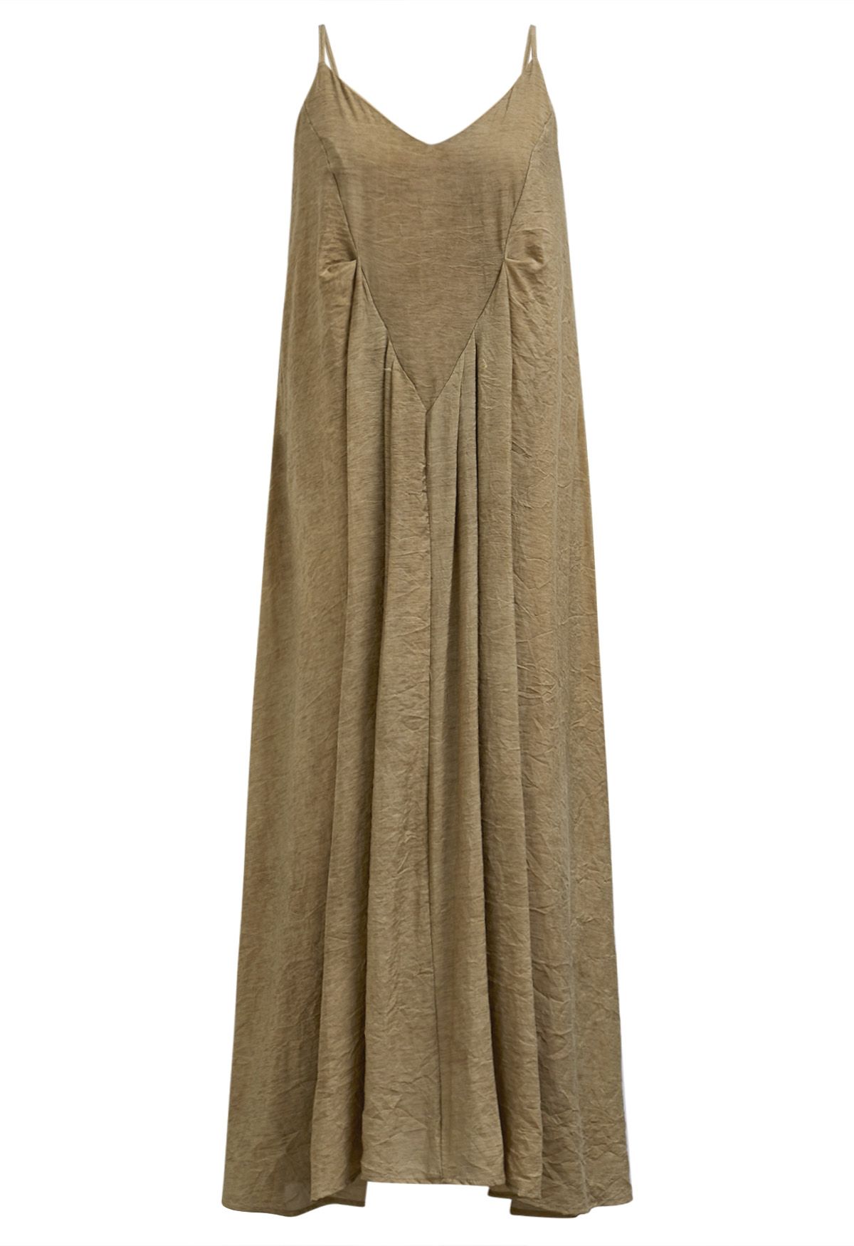 Texture V-Neck Frilling Hem Cami Midi Dress in Tan