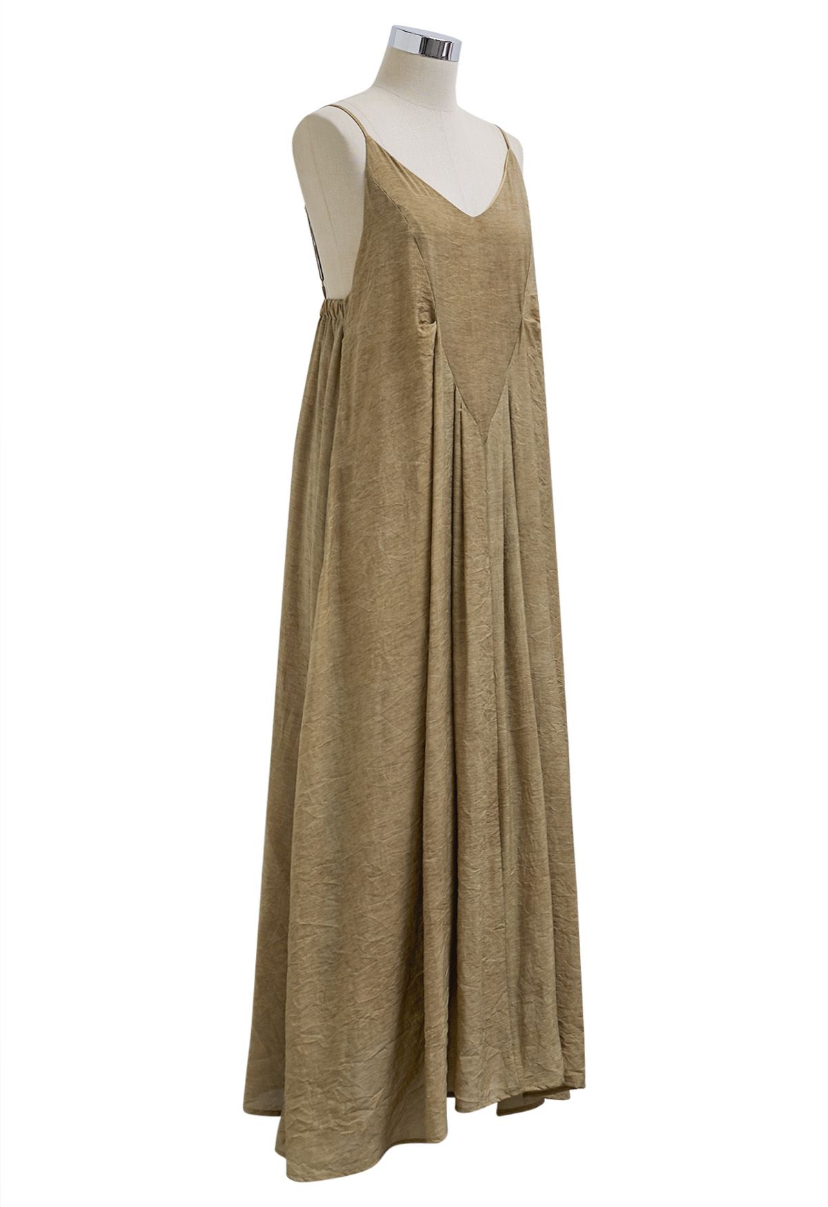 Texture V-Neck Frilling Hem Cami Midi Dress in Tan