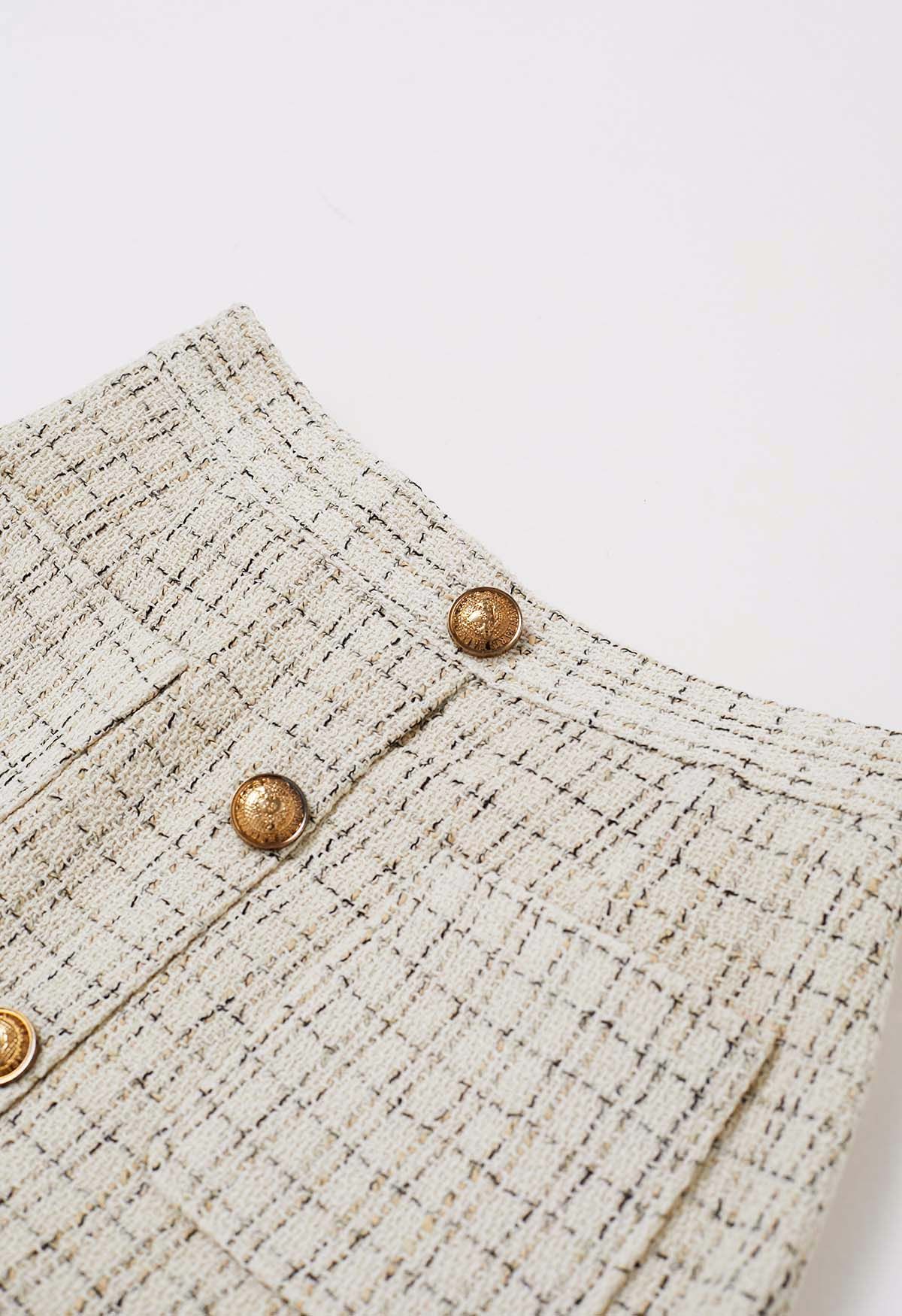 Golden Button Pocket Plaid Tweed Mini Skirt