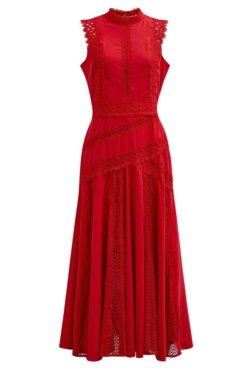 Dive into Elegance Lace Panelled Sleeveless Dress in Red