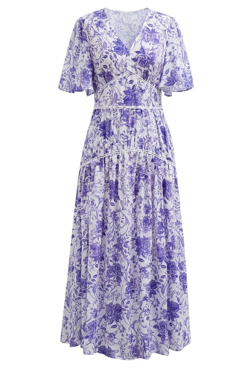 Purple Hues Rose Printed Midi Dress