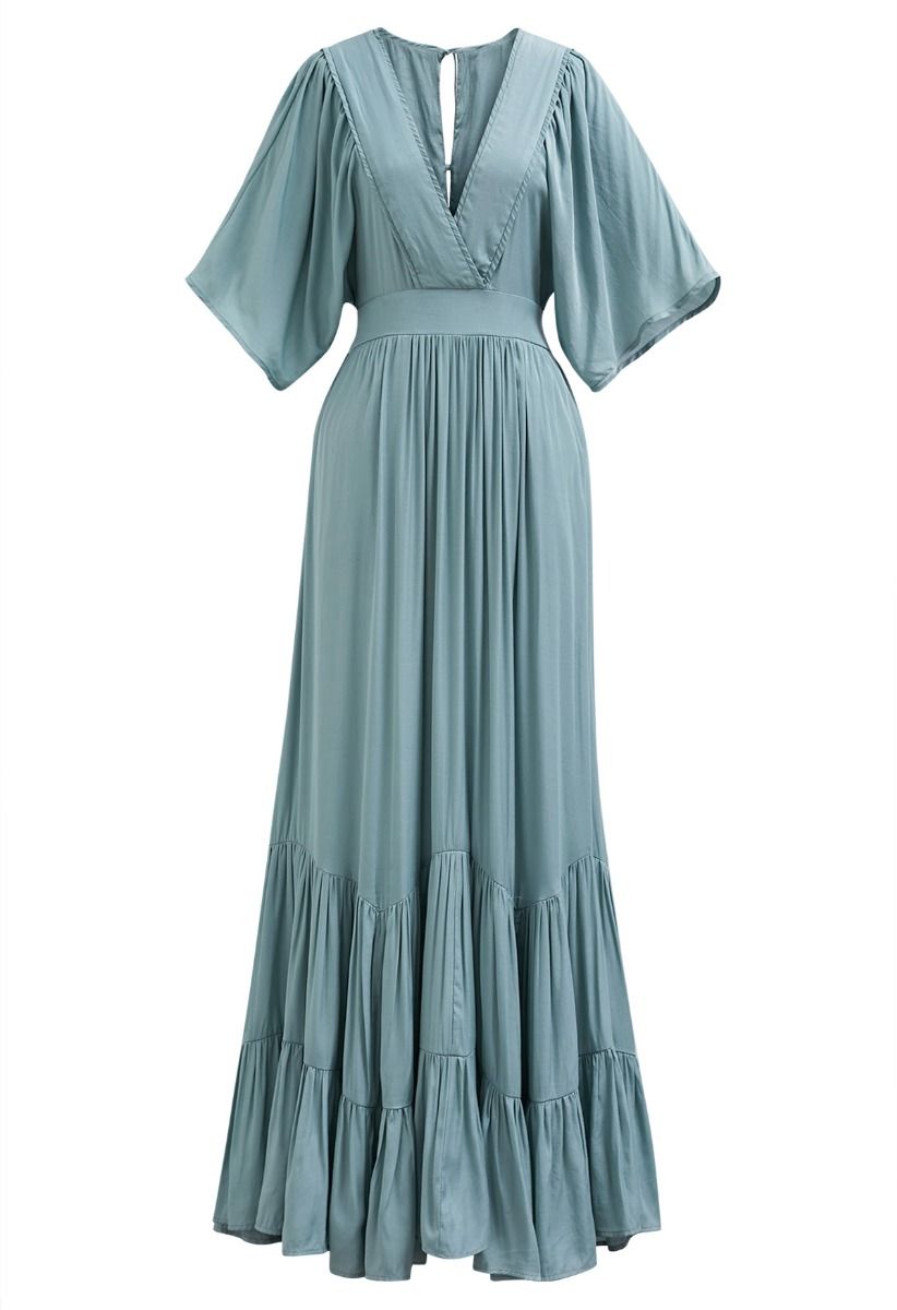 Subtle Romance Deep V-Neck Flutter Sleeve Maxi Dress in Teal