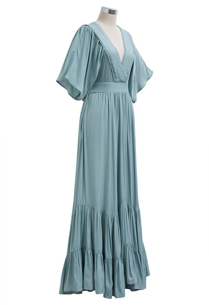 Subtle Romance Deep V-Neck Flutter Sleeve Maxi Dress in Teal