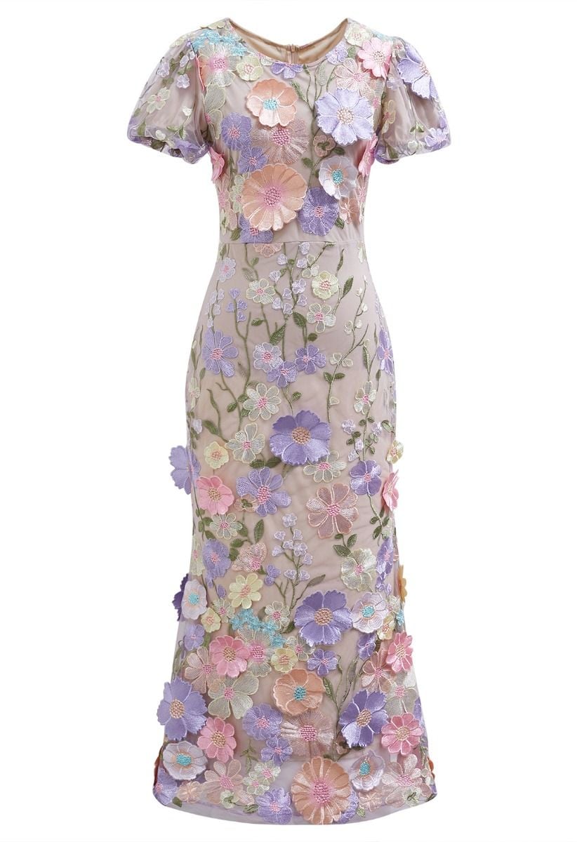 3D Floral Applique Mesh Tulle Mermaid Maxi Dress in Lavender