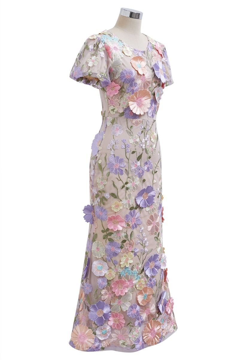 3D Floral Applique Mesh Tulle Mermaid Maxi Dress in Lavender