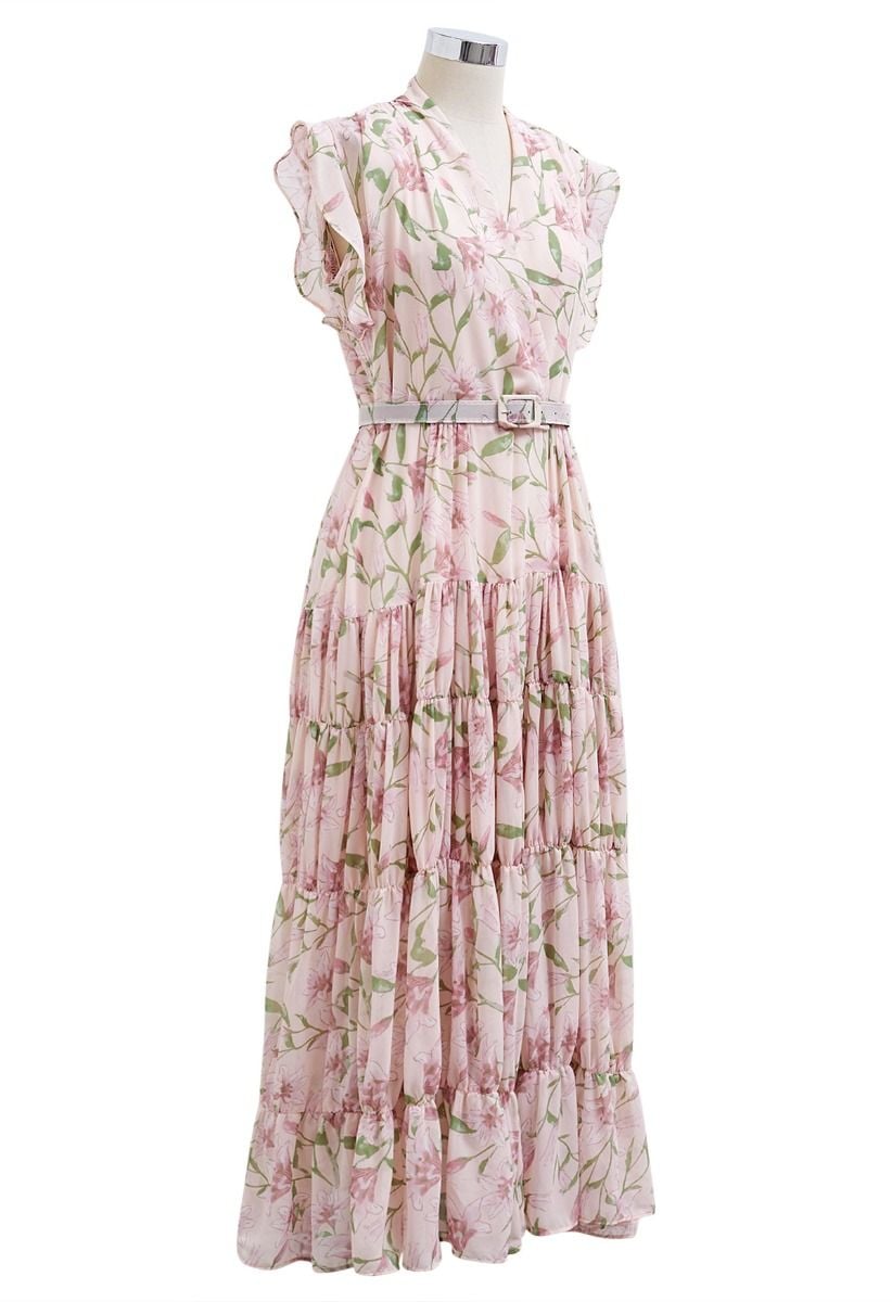 Lily Printed Belted Faux-Wrap Chiffon Maxi Dress in Pink