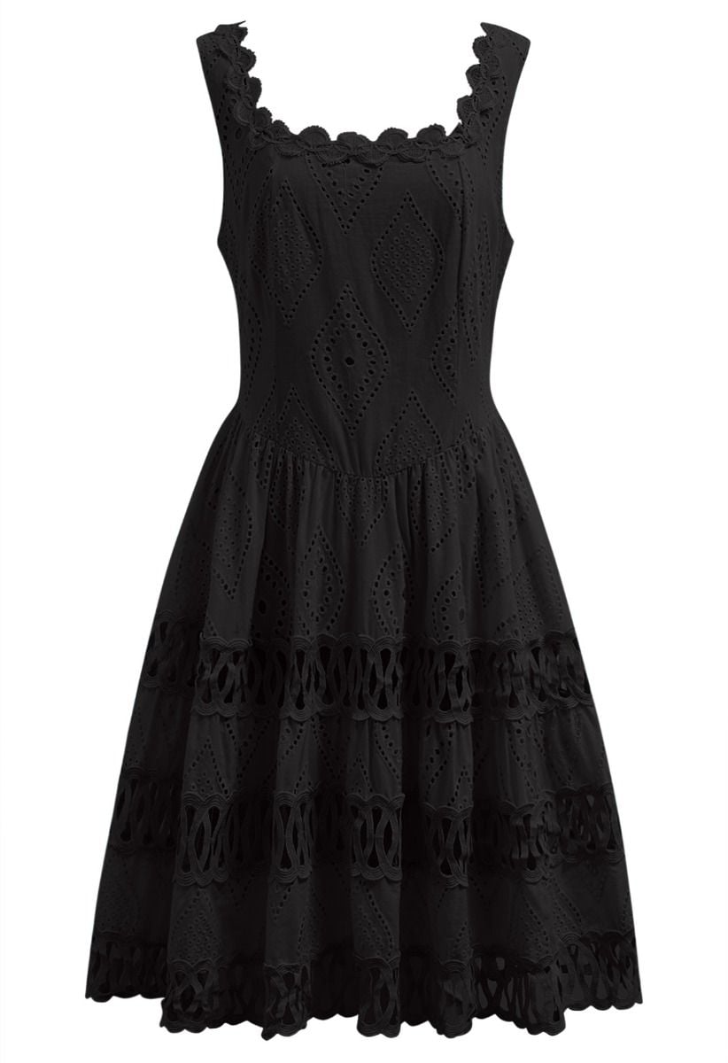 Geometric Eyelet Embroidered Square Neck Sleeveless Dress in Black