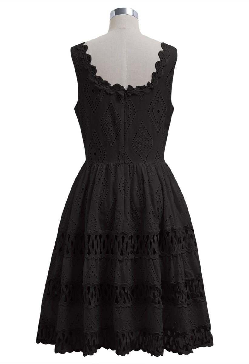 Geometric Eyelet Embroidered Square Neck Sleeveless Dress in Black