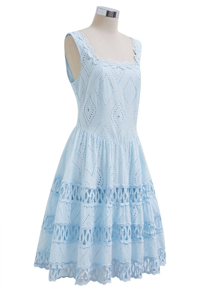 Geometric Eyelet Embroidered Square Neck Sleeveless Dress in Light Blue