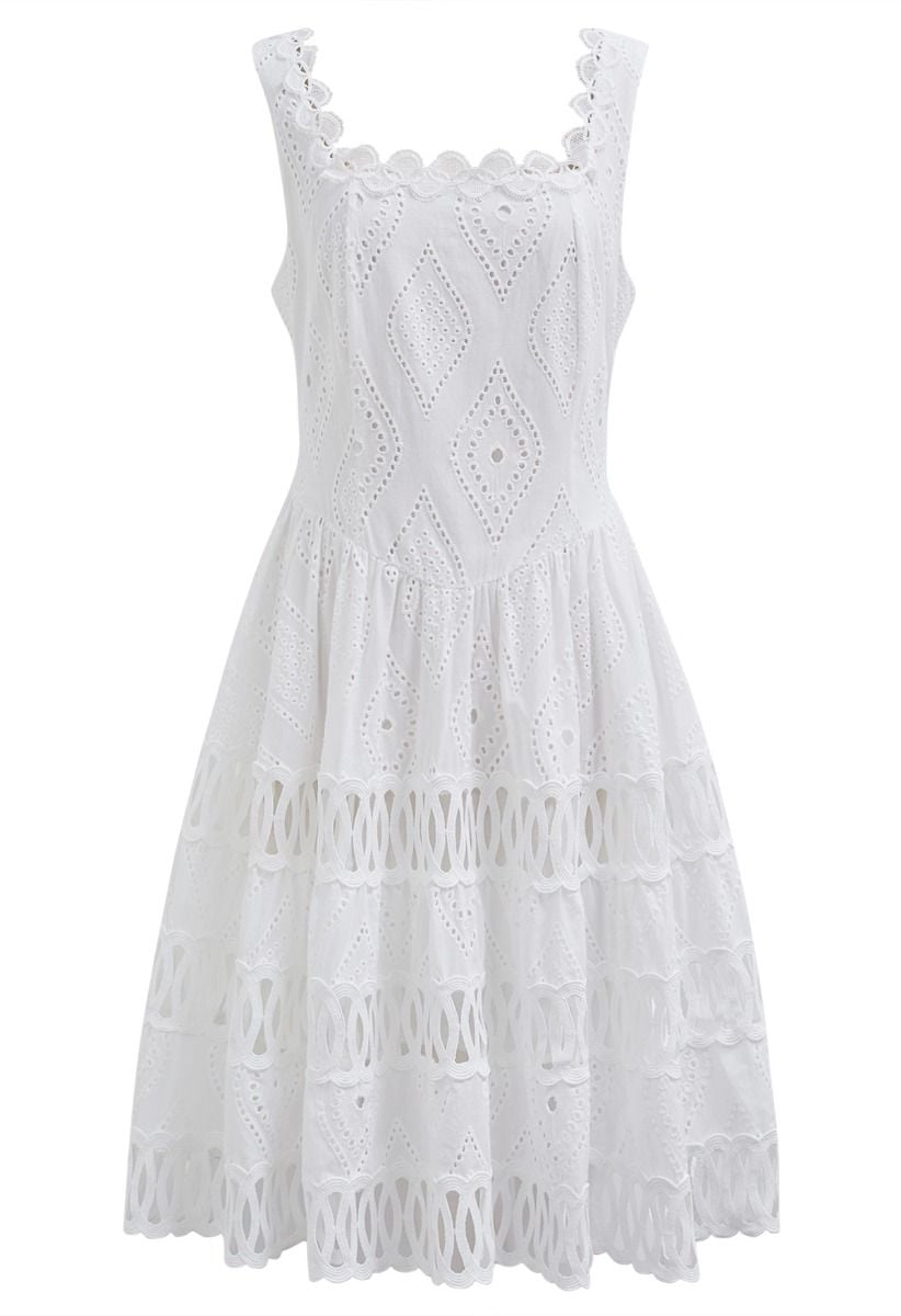 Geometric Eyelet Embroidered Square Neck Sleeveless Dress in White