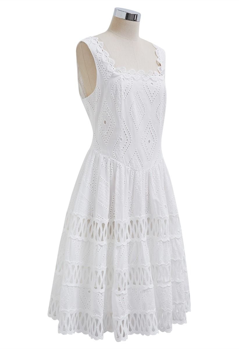 Geometric Eyelet Embroidered Square Neck Sleeveless Dress in White