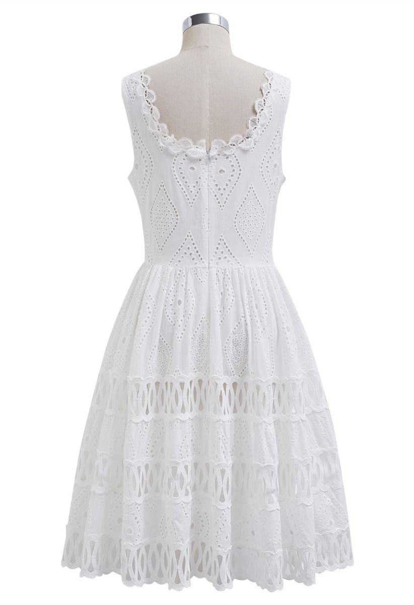 Geometric Eyelet Embroidered Square Neck Sleeveless Dress in White