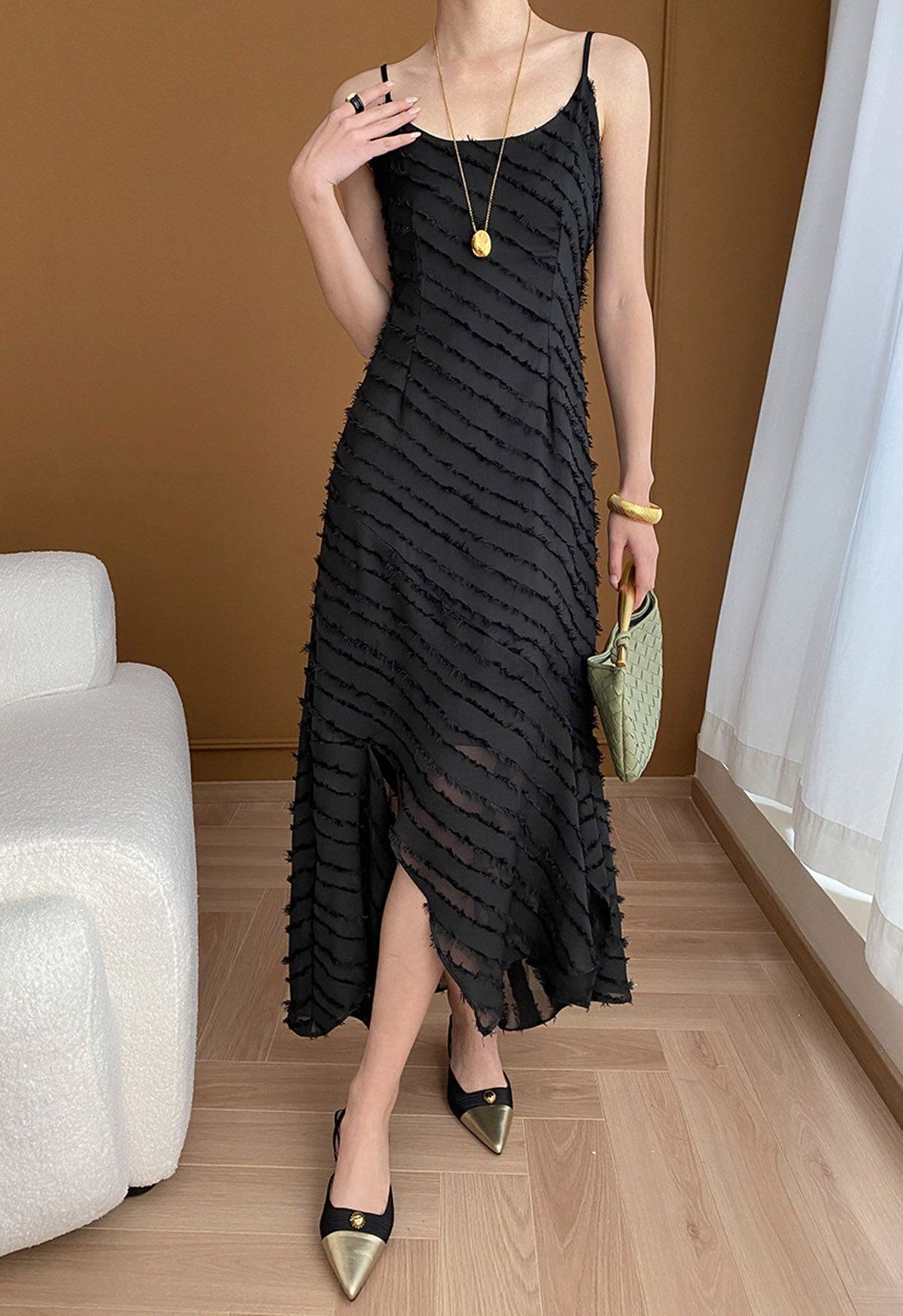 Fringed Stripe Split Cami Dress in Black