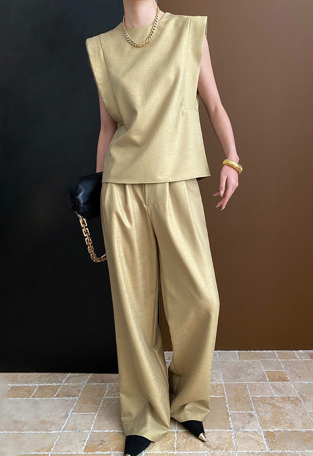 Chic Sleeveless Top and Flowy Wide-Leg Pants Set in Khaki