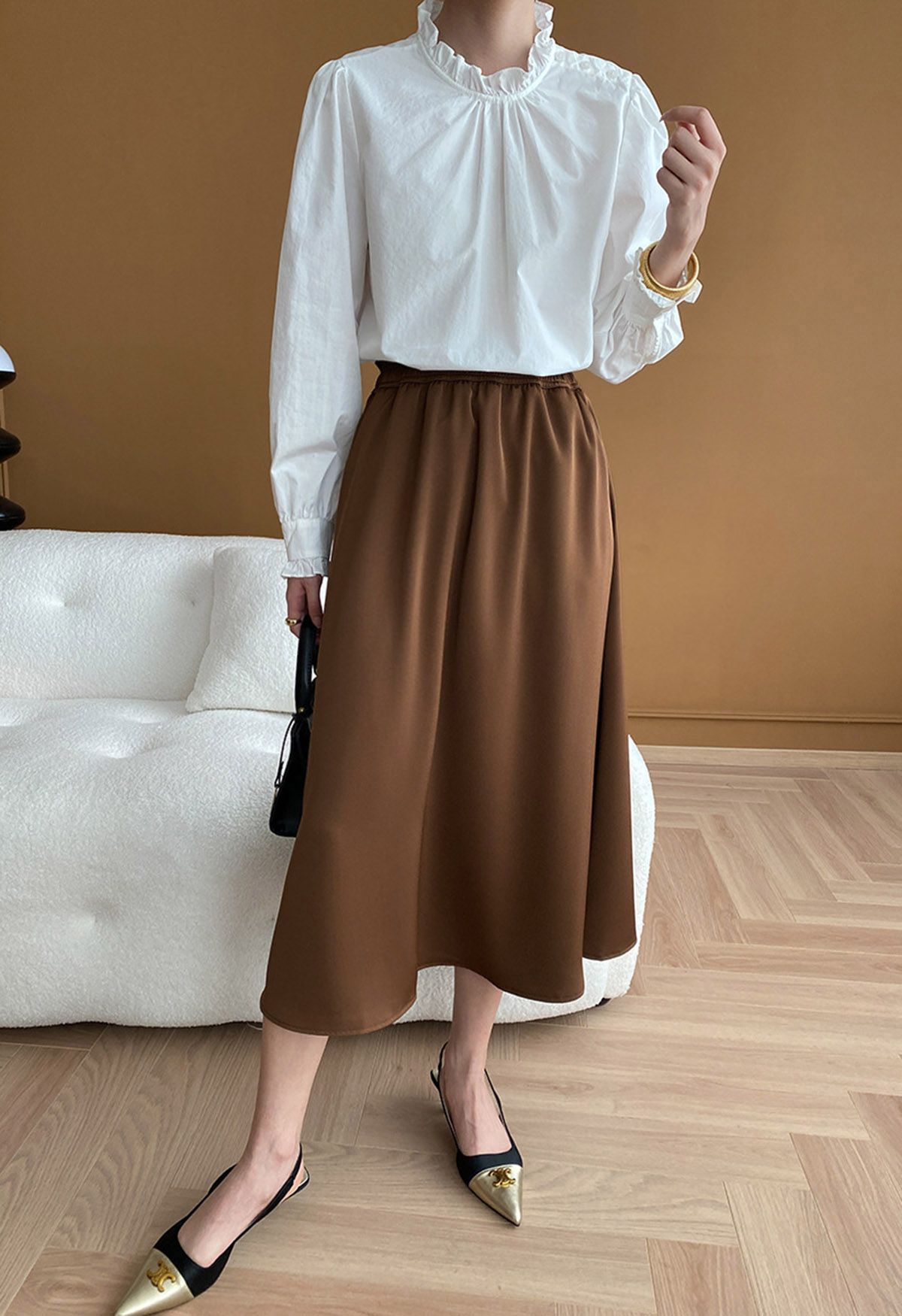 Satin High Waist Midi Skirt in Brown