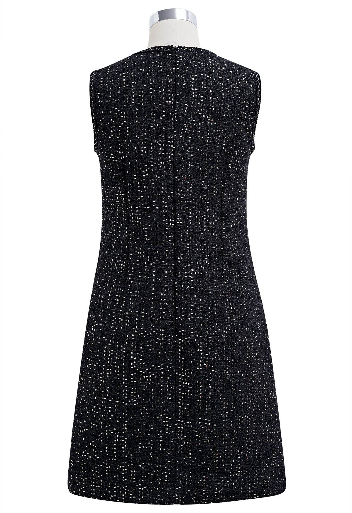 Sequin Embroidery Sleeveless Tweed Dress in Black