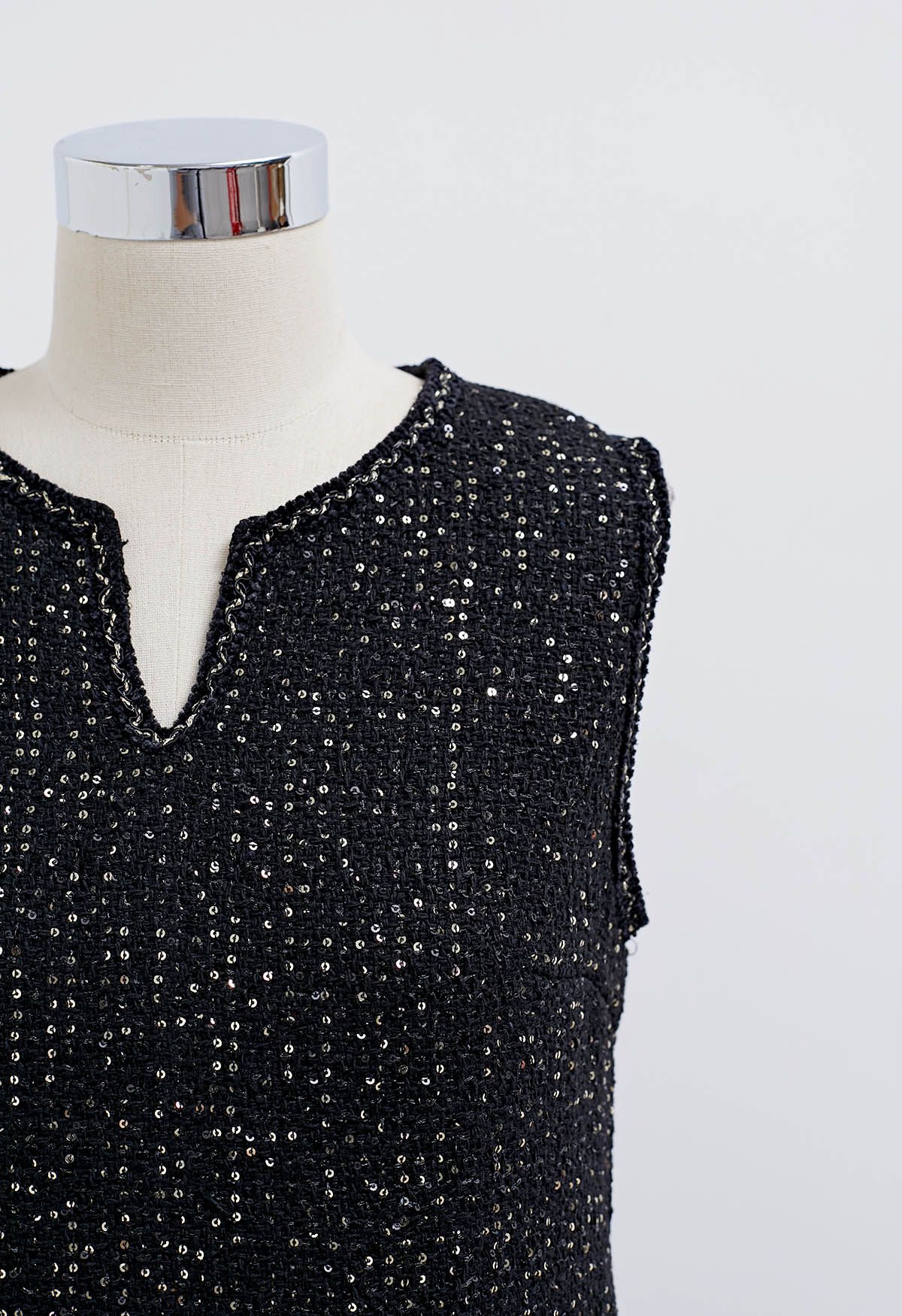 Sequin Embroidery Sleeveless Tweed Dress in Black