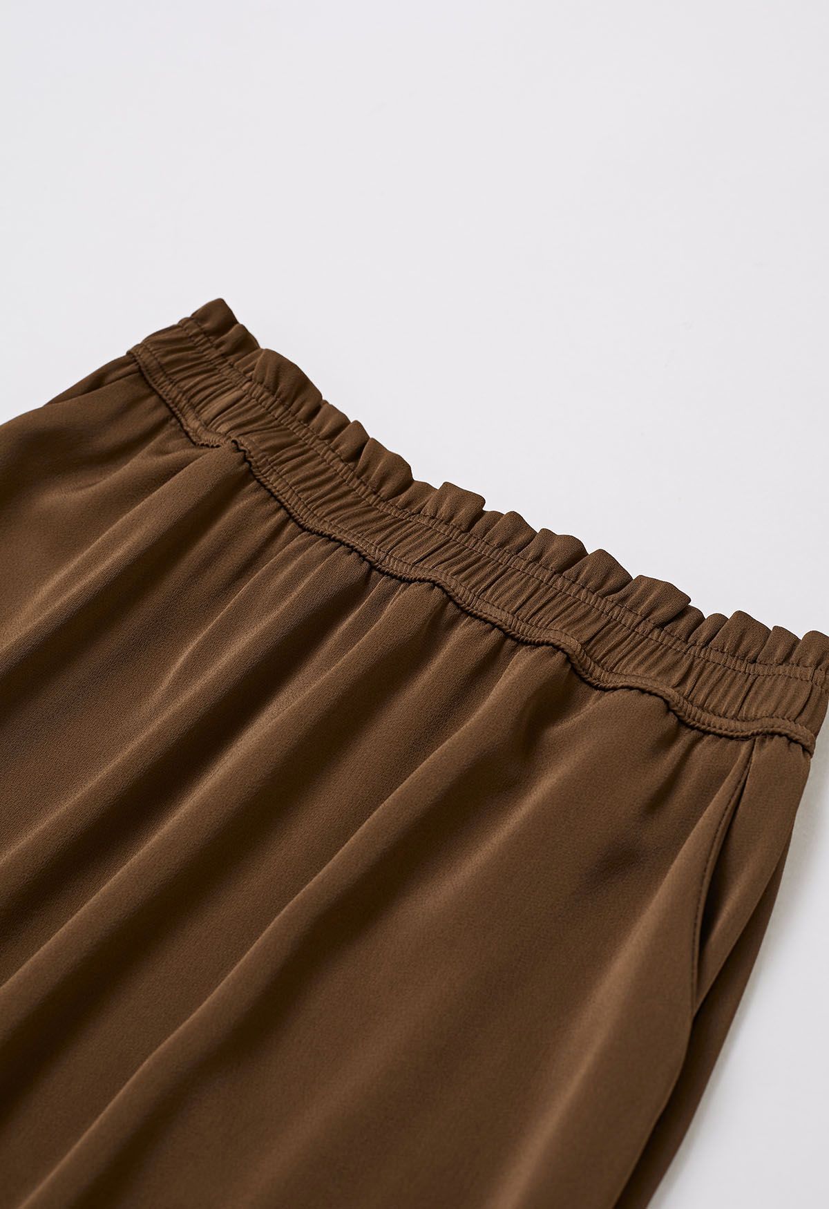 Satin High Waist Midi Skirt in Brown