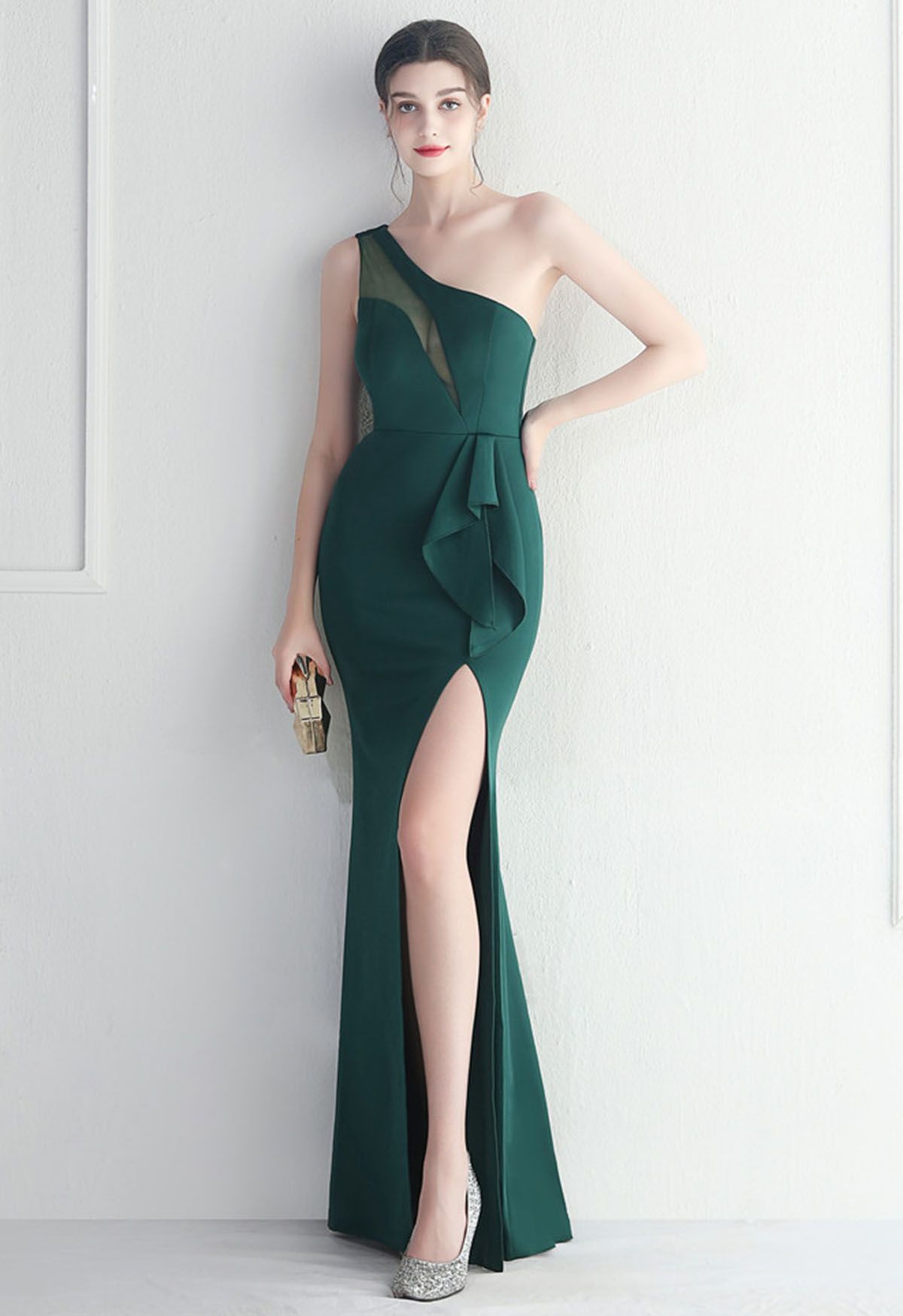 One-Shoulder Mesh Panel Ruffle Split Gown in Emerald