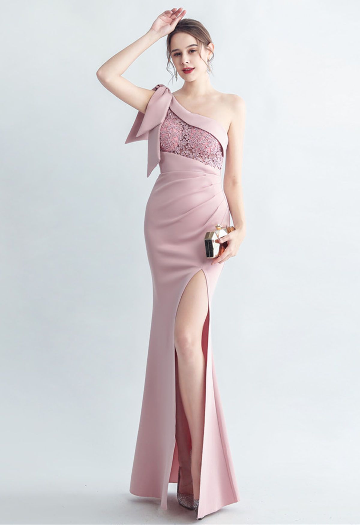 Bowknot One-Shoulder Embroidered Split Gown in Pink
