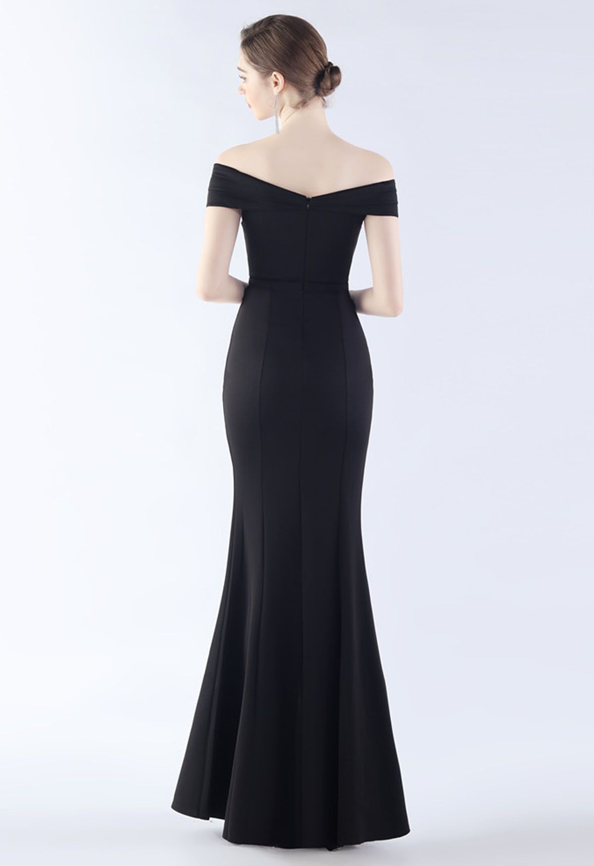 Off-Shoulder Front Slit Satin Gown in Black