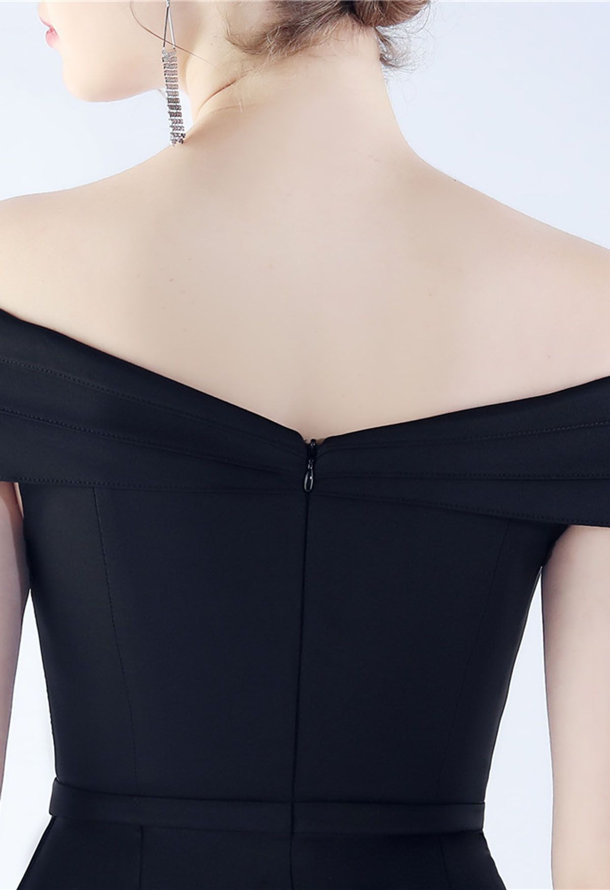 Off-Shoulder Front Slit Satin Gown in Black