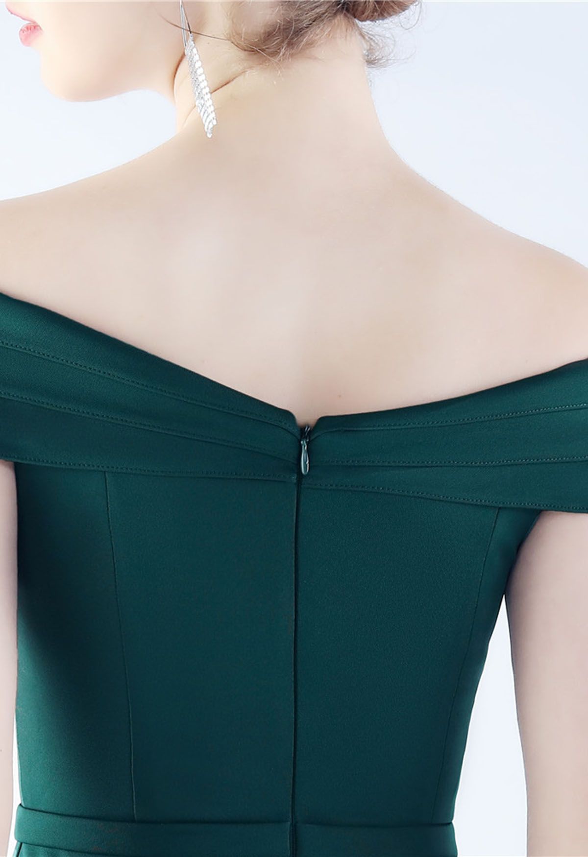 Off-Shoulder Front Slit Satin Gown in Dark Green