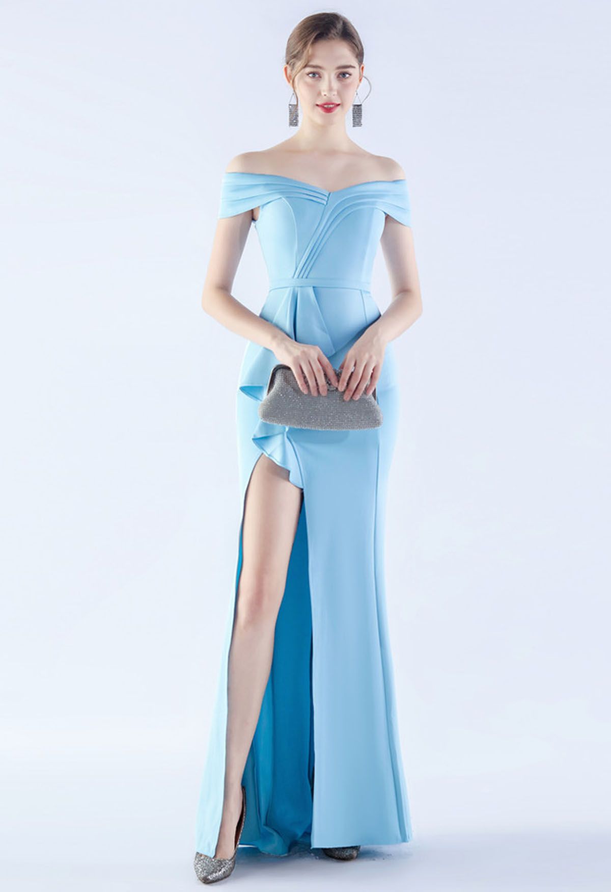 Off-Shoulder Front Slit Satin Gown in Baby Blue